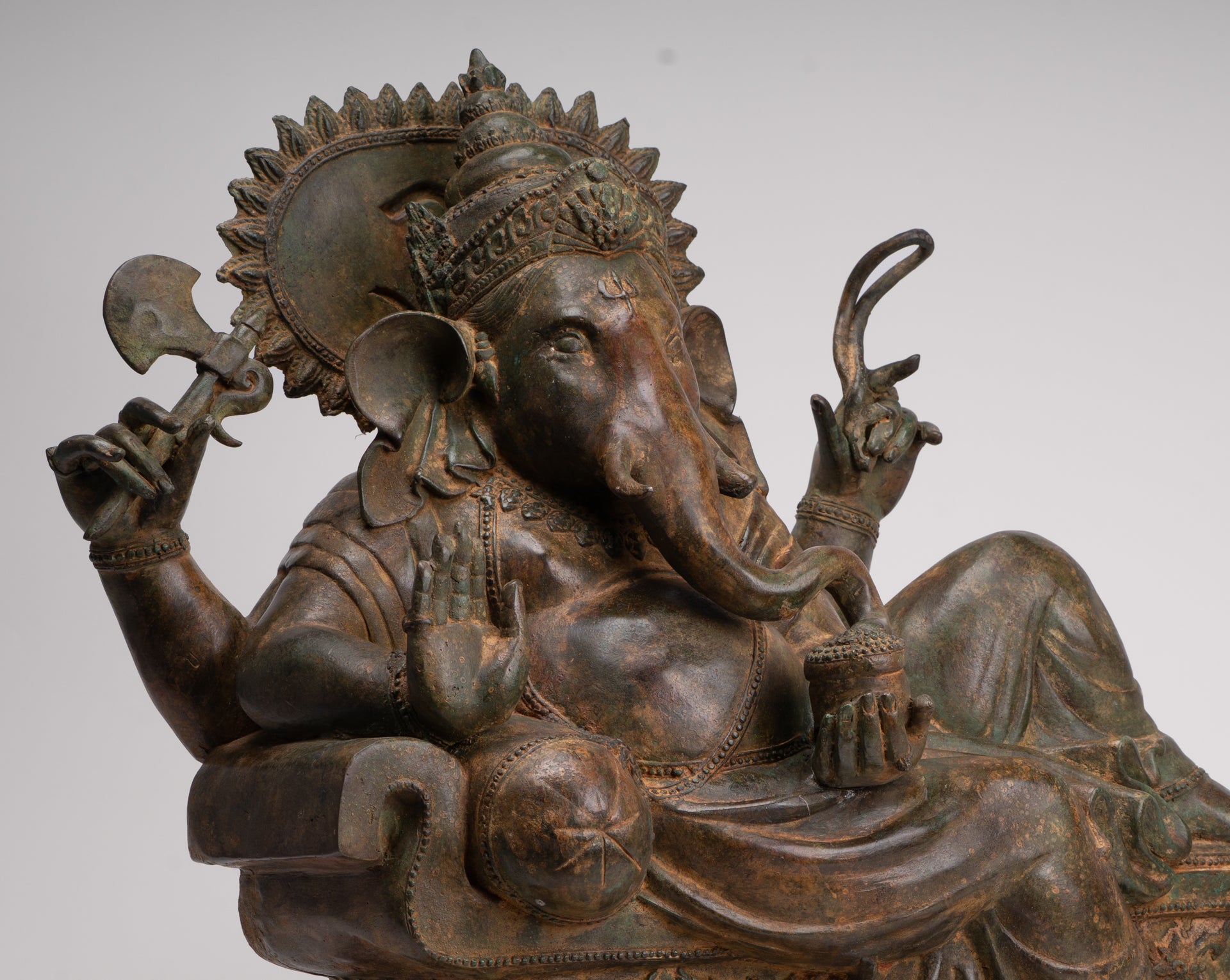 Ganesh - Antique Thai Style Bronze Reclining Ganesha Statue w/Mouse - 55cm/22"