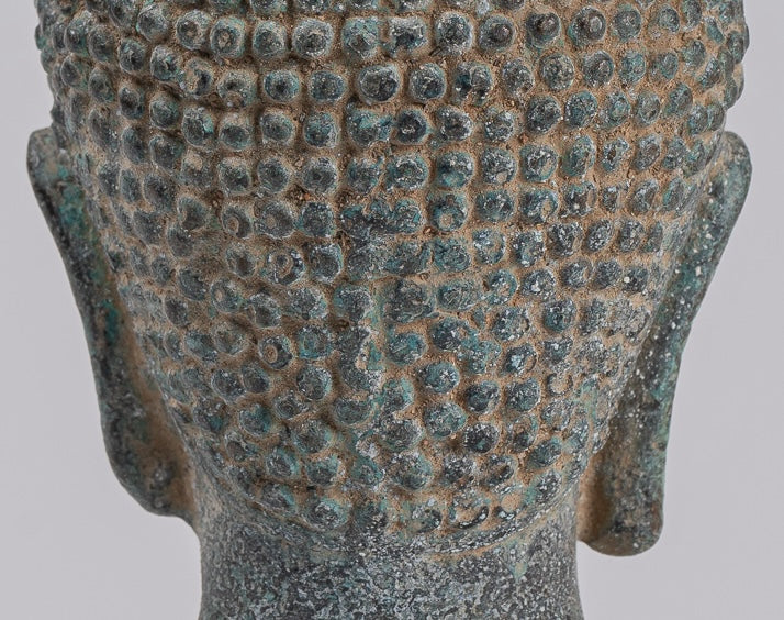 Buddha Statue - Antique Khmer Style Mounted Bronze Phnom Da Buddha Head Statue - 18cm/7"