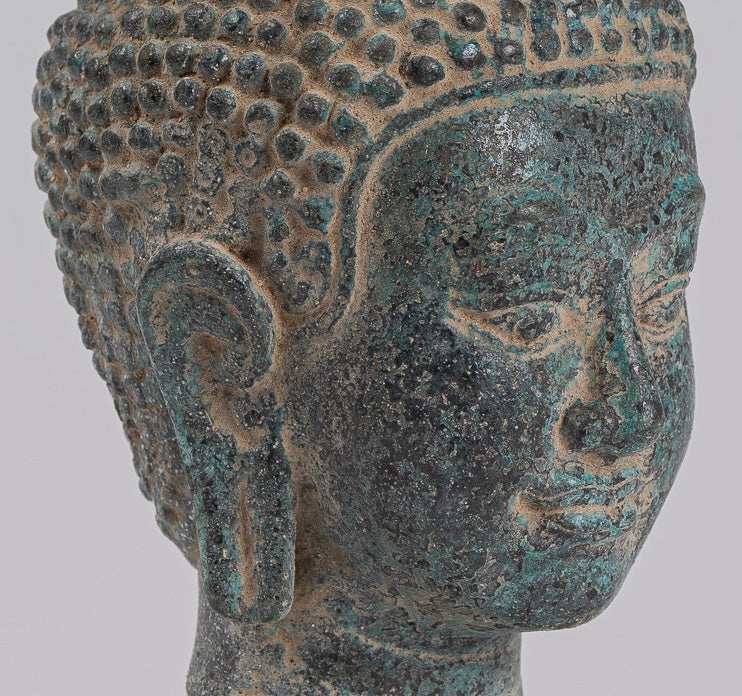 Buddha Statue - Antique Khmer Style Mounted Bronze Phnom Da Buddha Head Statue - 18cm/7"