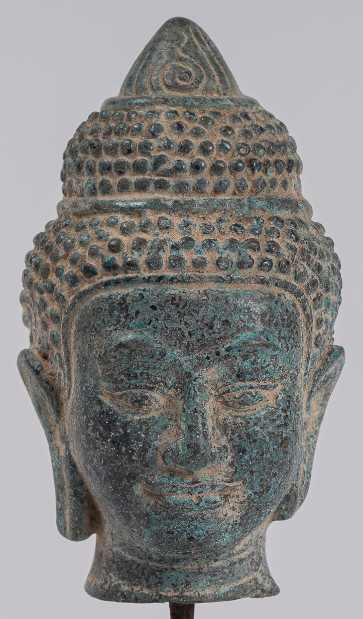 Buddha Statue - Antique Khmer Style Mounted Bronze Phnom Da Buddha Head Statue - 18cm/7"
