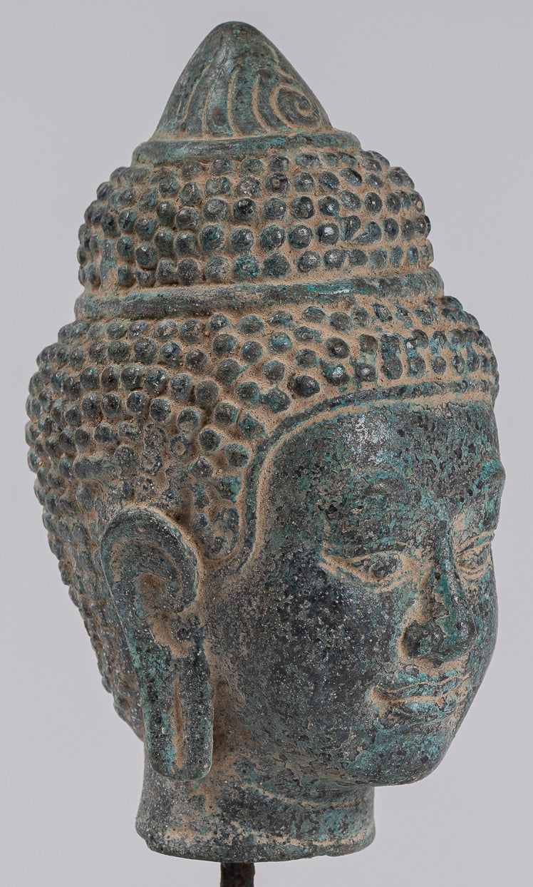 Buddha Statue - Antique Khmer Style Mounted Bronze Phnom Da Buddha Head Statue - 18cm/7"