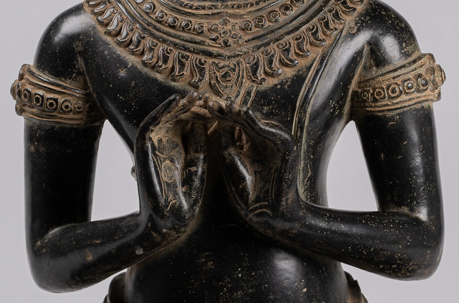 Buddha - Antique Khmer Style Bronze Seated Double Teaching Buddha Statue - 56cm/22"