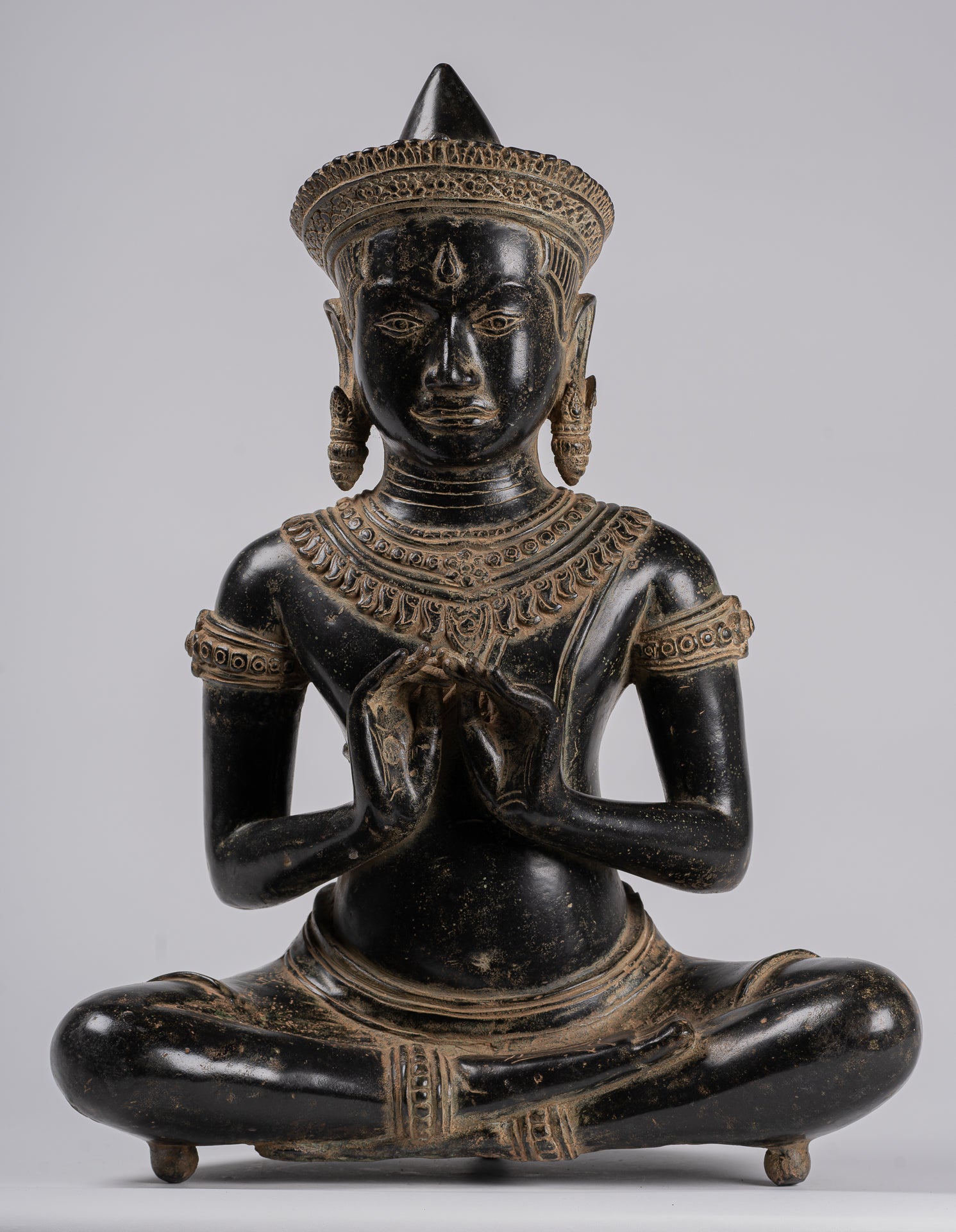 Buddha - Antique Khmer Style Bronze Seated Double Teaching Buddha Statue - 56cm/22"