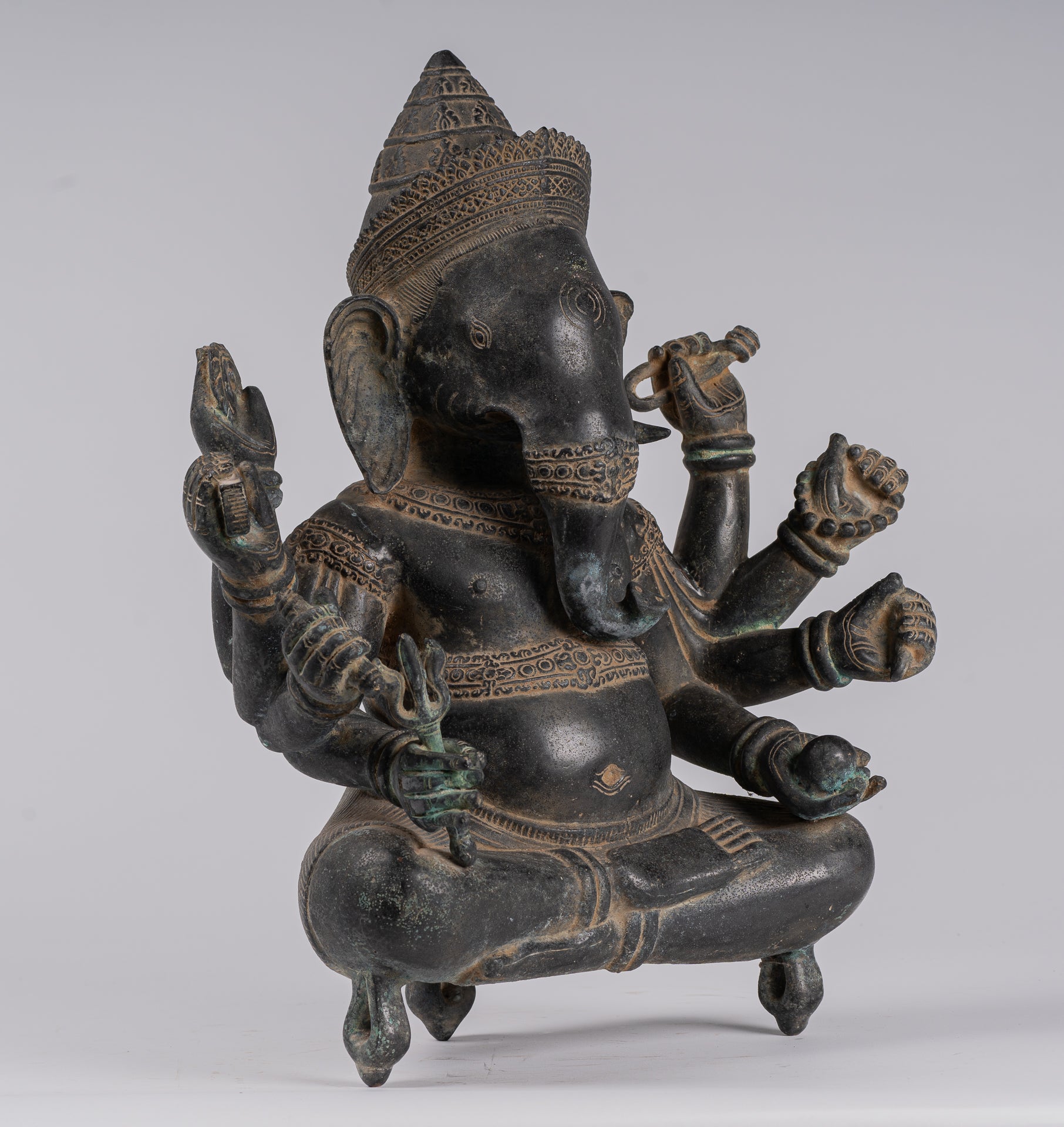 Ganesha Statue - Antique Khmer Style Angkor Wat Bronze Seated Eight Arm Ganesh Statue - 41cm/16"