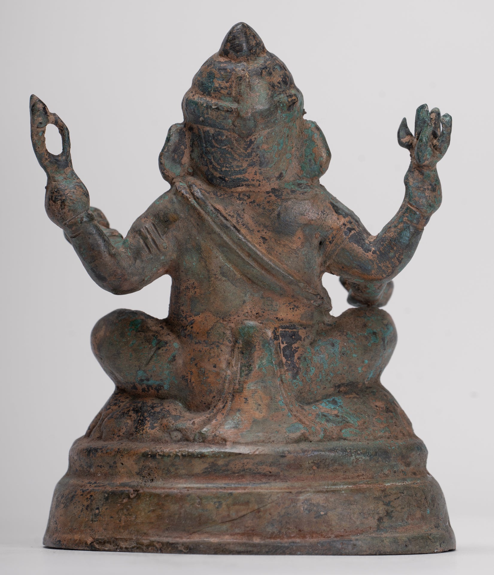 Ganesha Statue - Antique Thai Style Bronze Seated 4-Arm Ganesha Statue - 12cm/5"