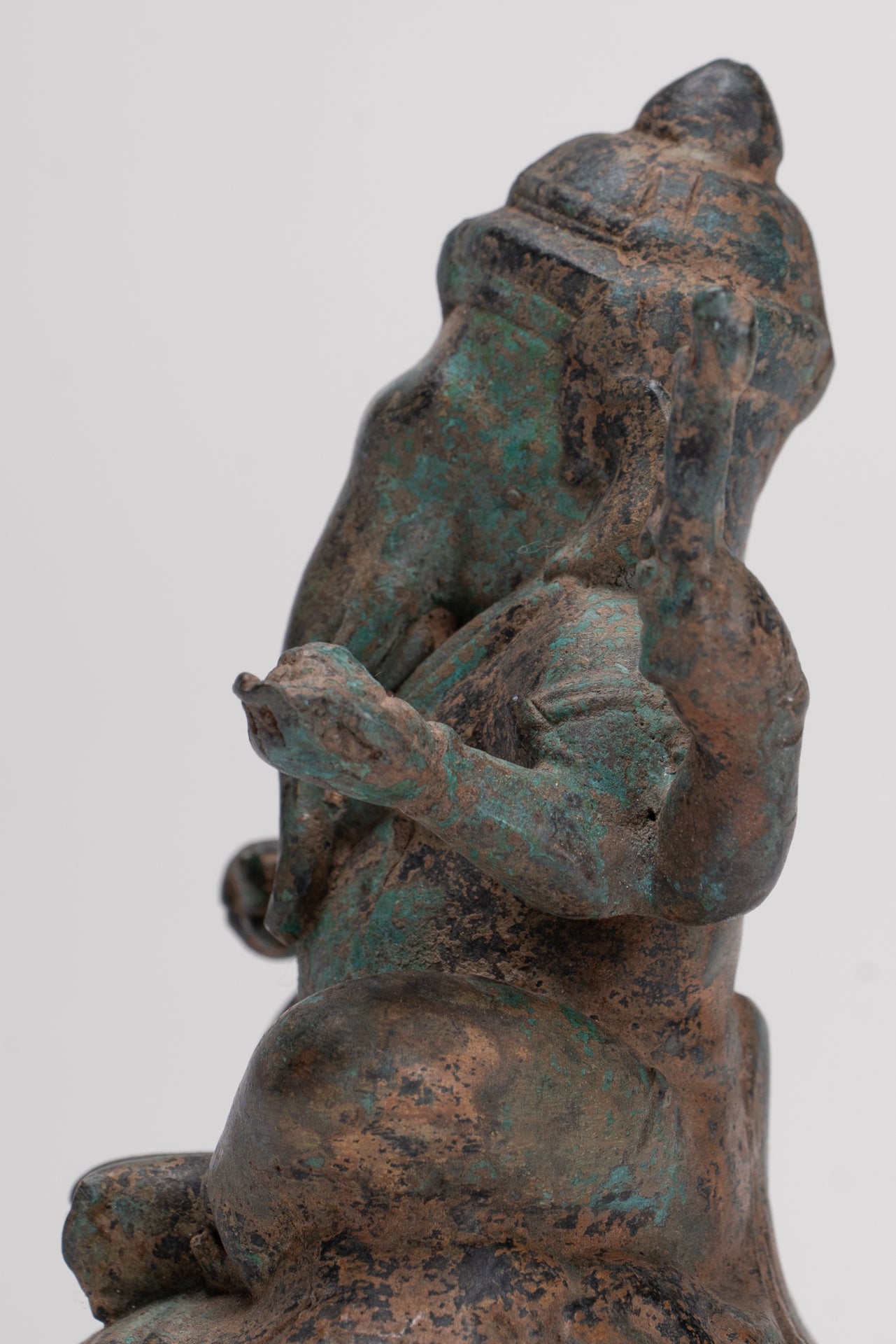 Ganesha Statue - Antique Thai Style Bronze Seated 4-Arm Ganesha Statue - 12cm/5"