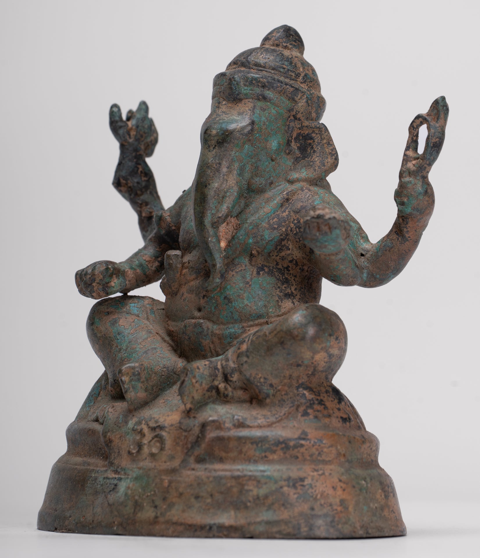 Ganesha Statue - Antique Thai Style Bronze Seated 4-Arm Ganesha Statue - 12cm/5"