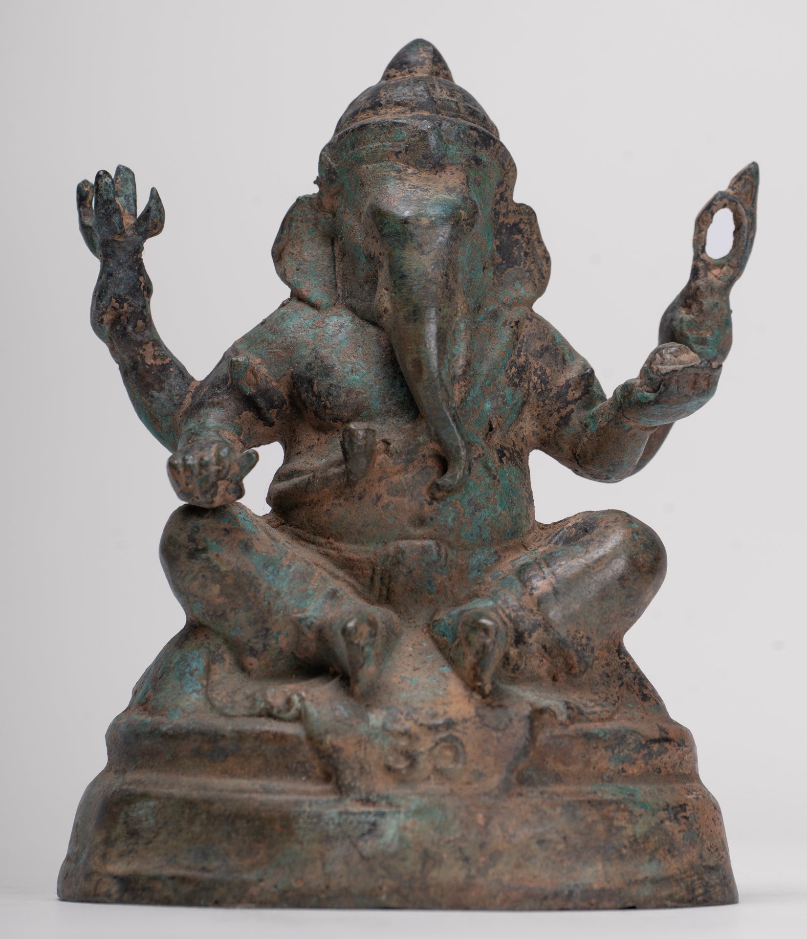Ganesha Statue - Antique Thai Style Bronze Seated 4-Arm Ganesha Statue - 12cm/5"