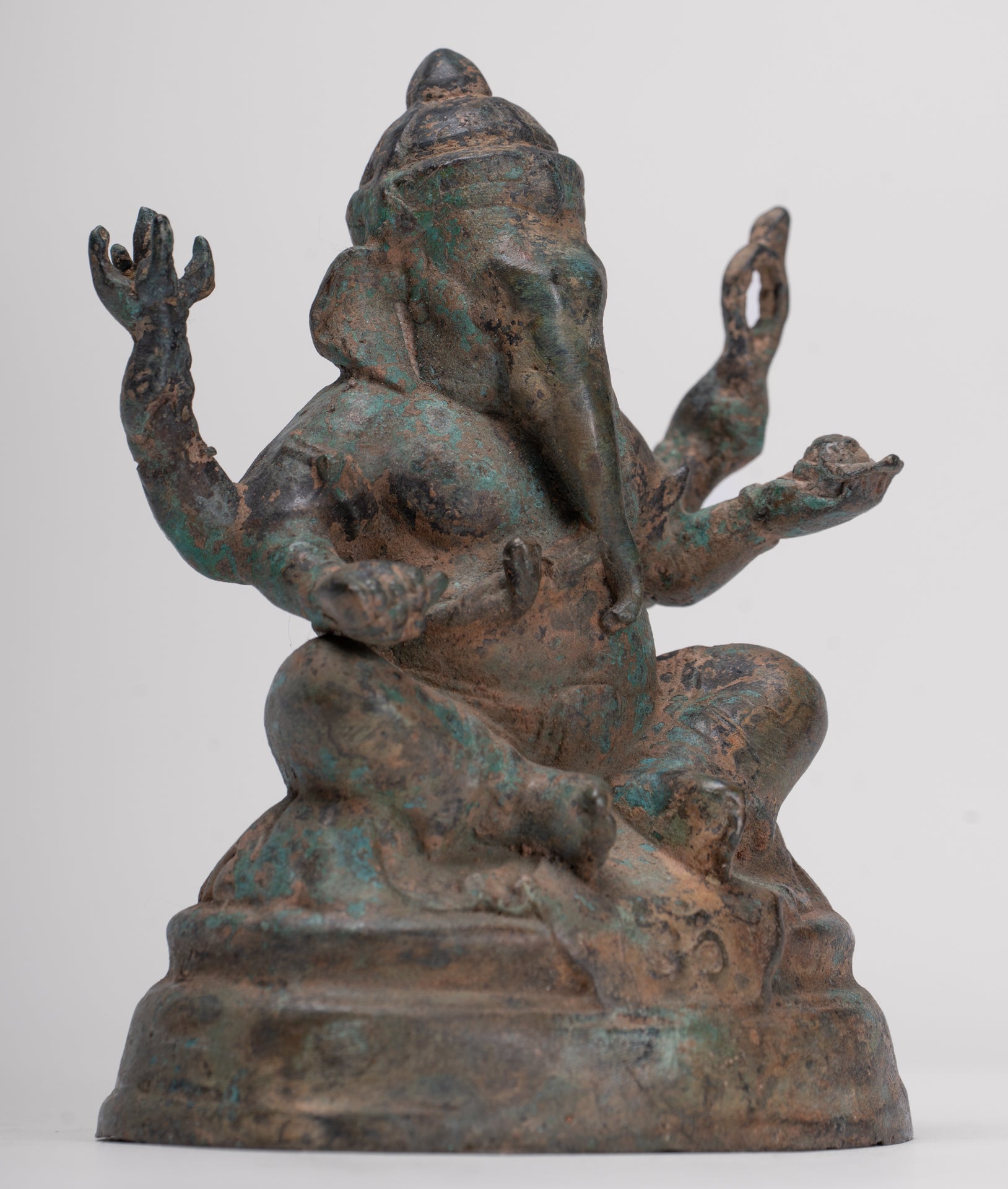 Ganesha Statue - Antique Thai Style Bronze Seated 4-Arm Ganesha Statue - 12cm/5"