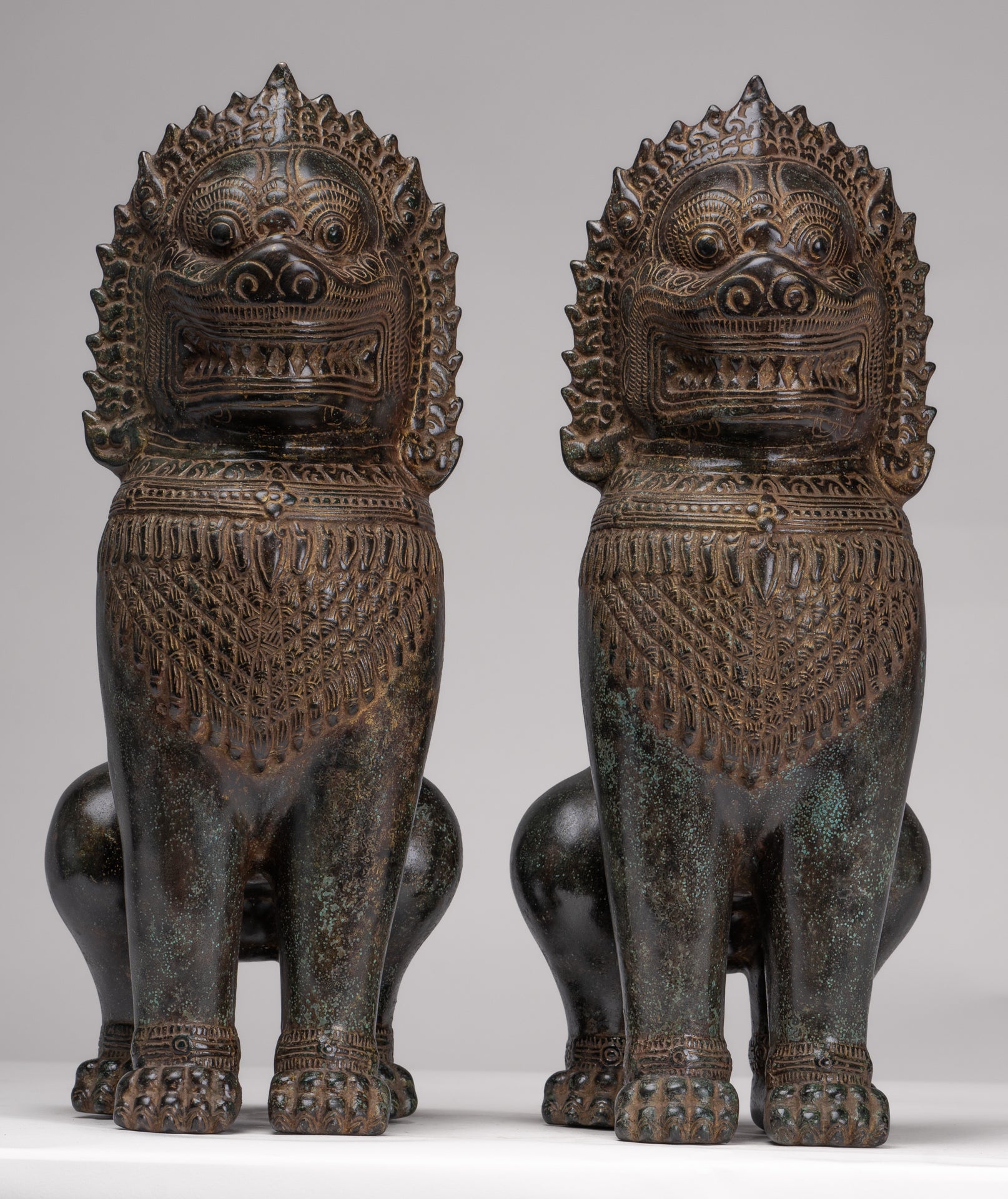 Temple Lions - Antique Khmer Style Bronze Standing Temple Guardians or Lions - 39cm/16"