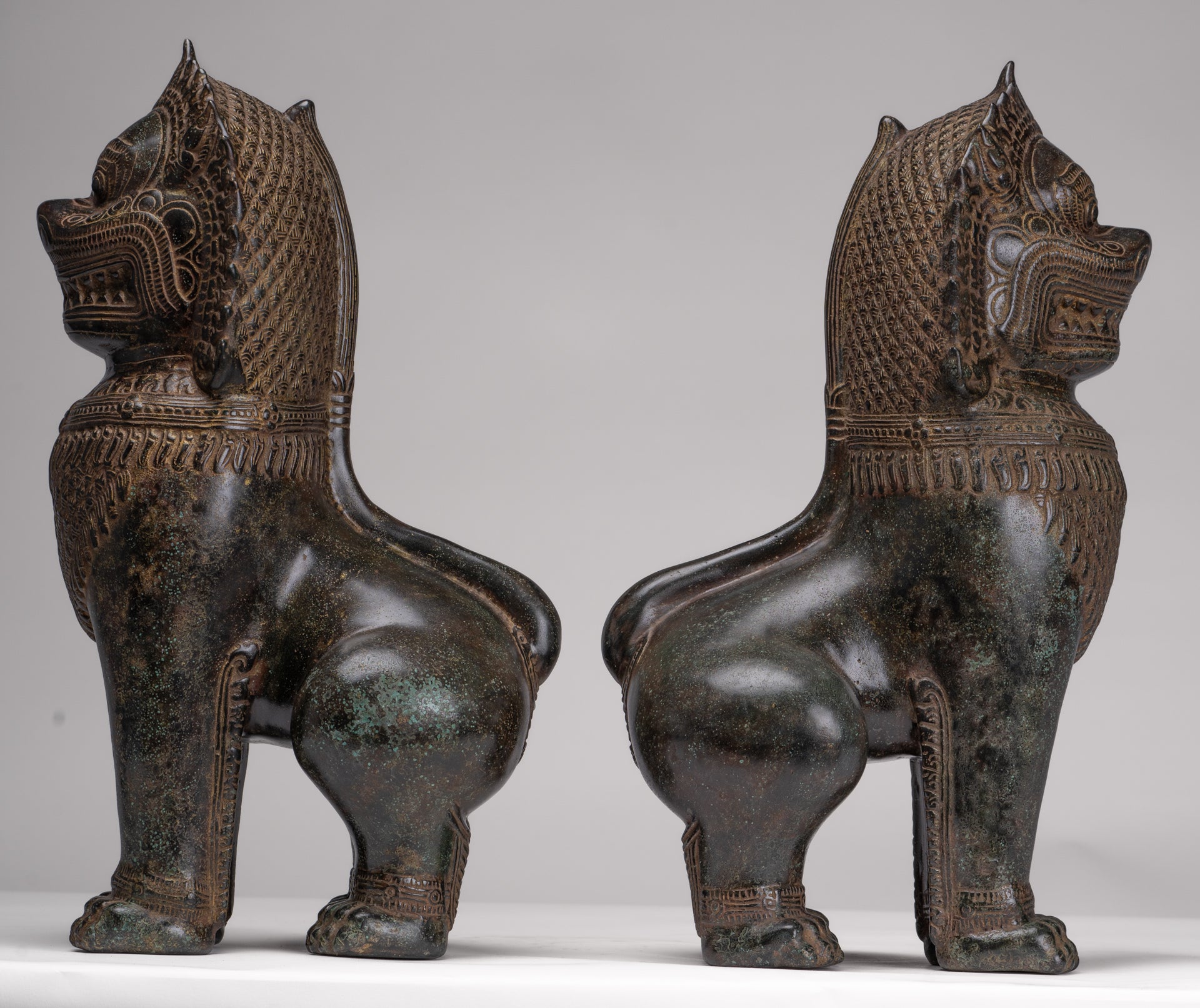 Temple Lions - Antique Khmer Style Bronze Standing Temple Guardians or Lions - 39cm/16"