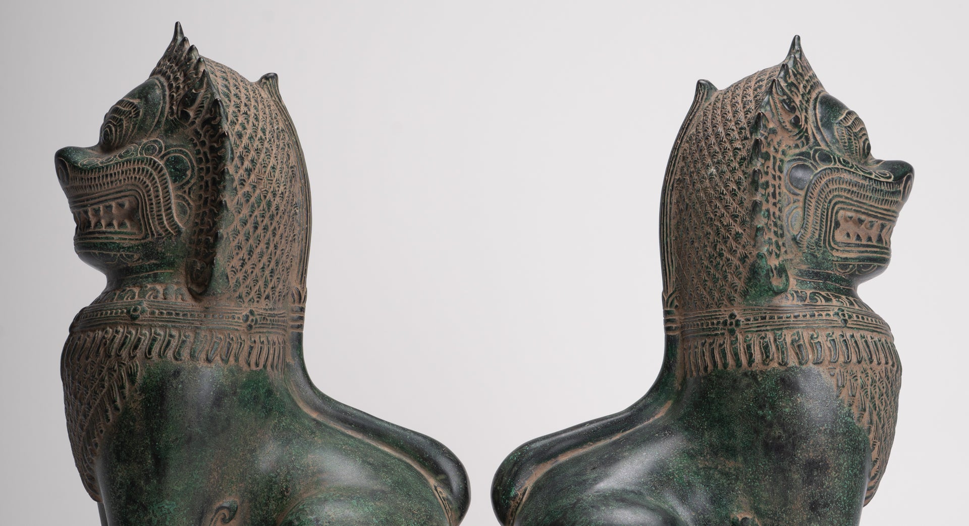 Temple Lions - Antique Khmer Style Bronze Standing Temple Guardians or Lions - 39cm/16"