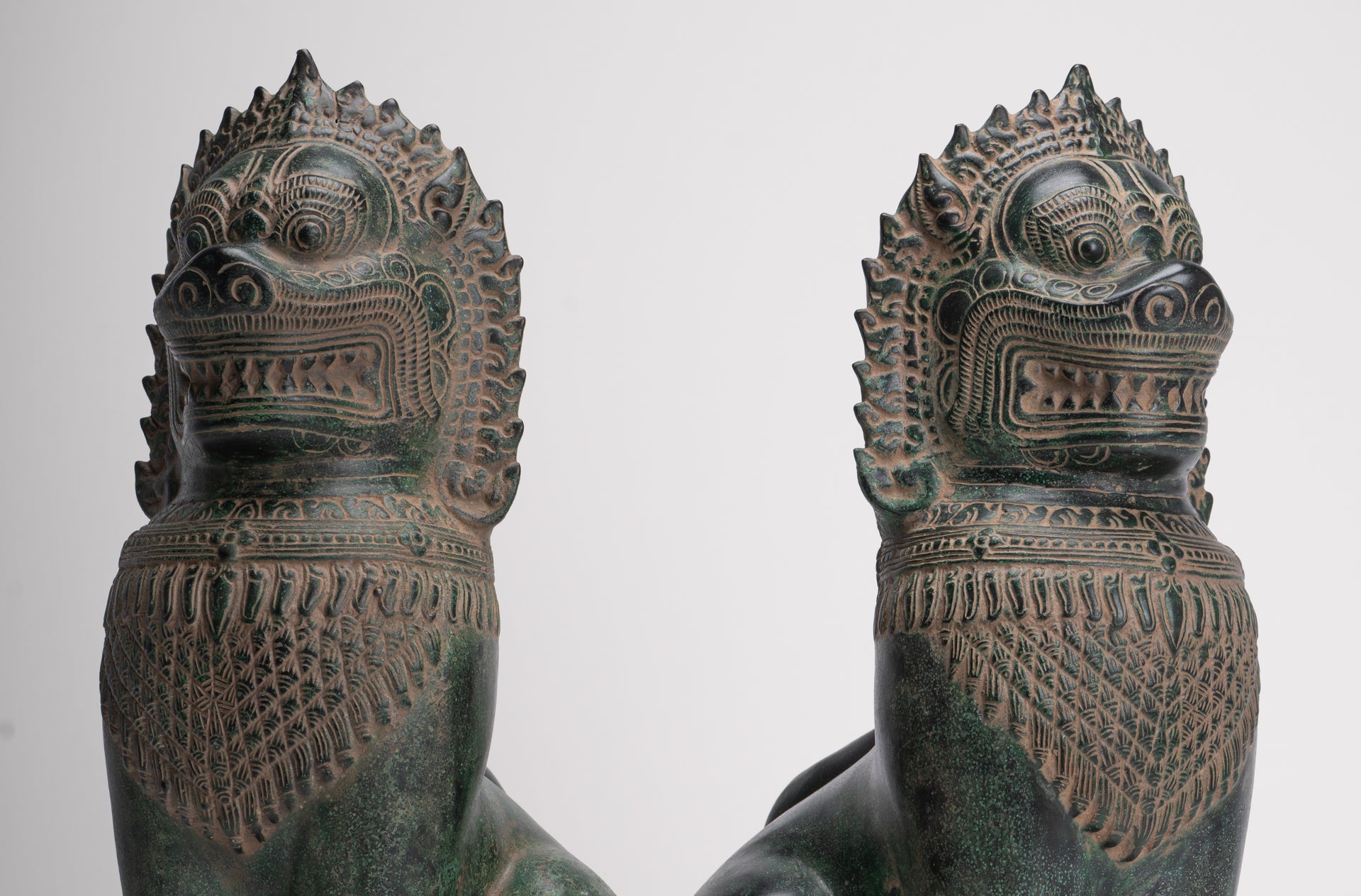 Temple Lions - Antique Khmer Style Bronze Standing Temple Guardians or Lions - 39cm/16"