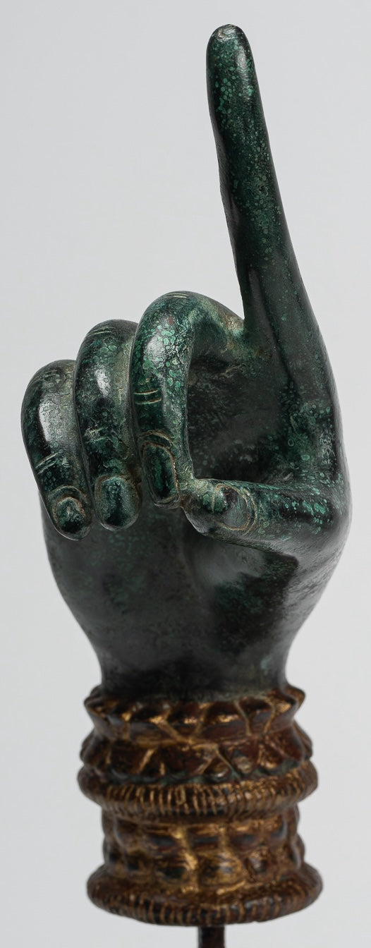 Mounted Antique Khmer Style Bronze Apsara Suchi Mudra Hand - 30cm/12"