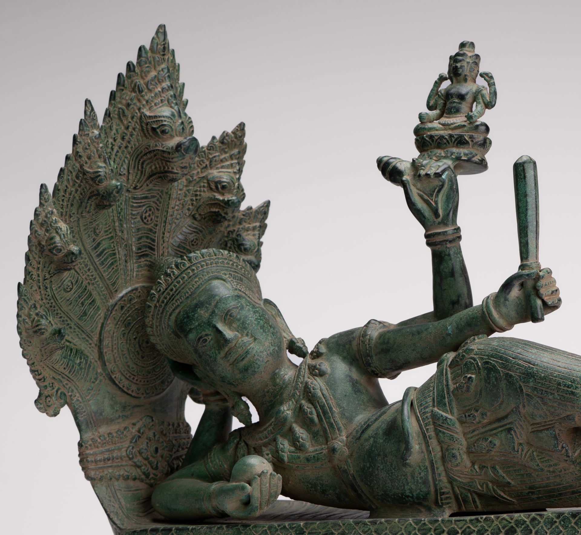 Antique Khmer Style Angkor Wat Bronze Reclining Vishnu Statue - 52cm/21" Long