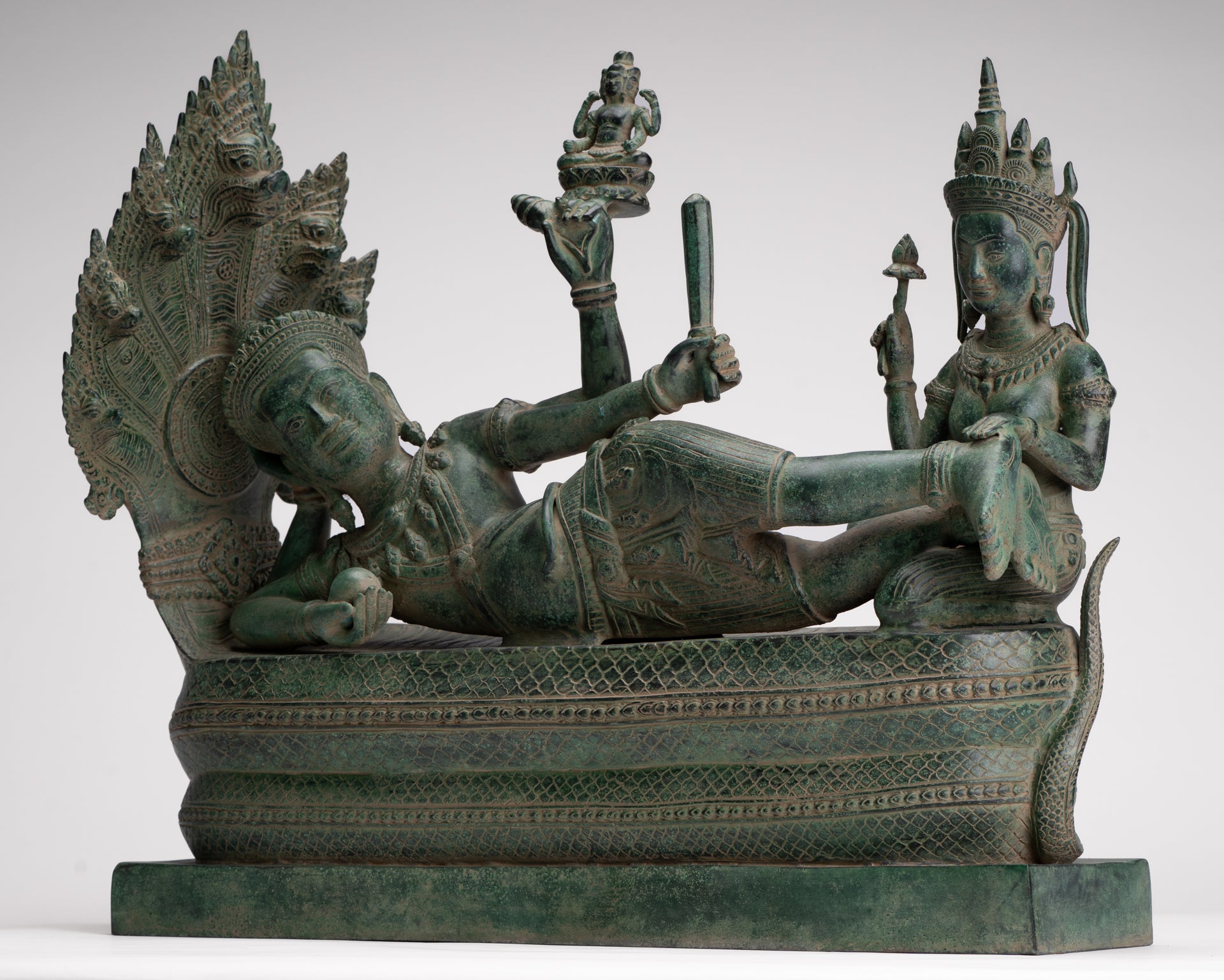 Antique Khmer Style Angkor Wat Bronze Reclining Vishnu Statue - 52cm/21" Long