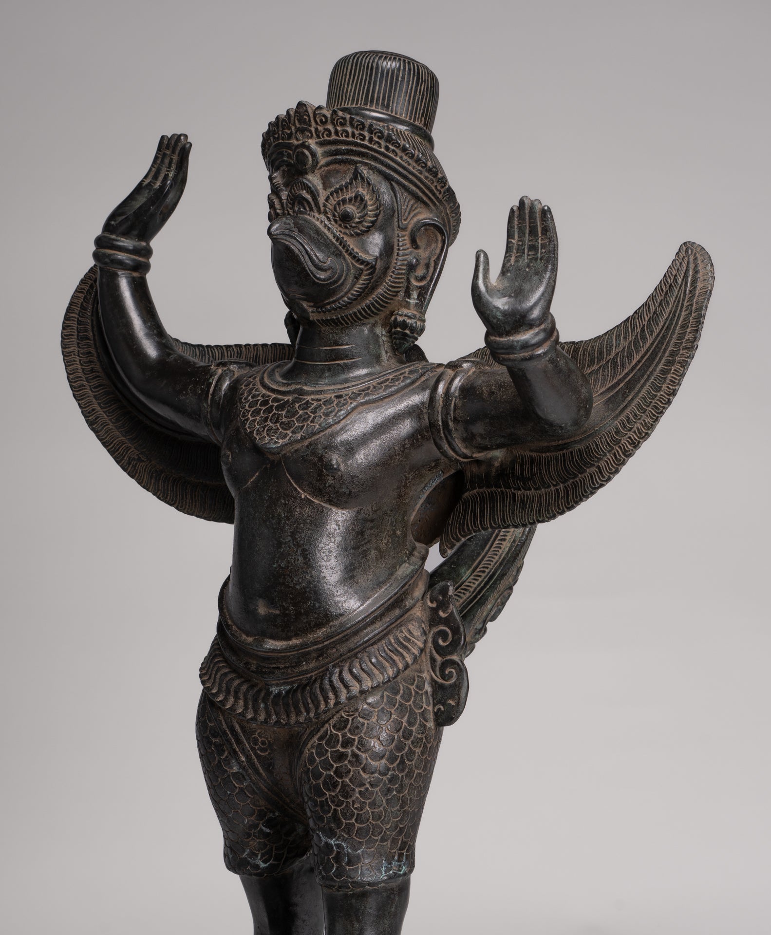 Antique Banteay Srei Style Seated Bronze Khmer Vishnu Garuda Statue - 71cm/28"