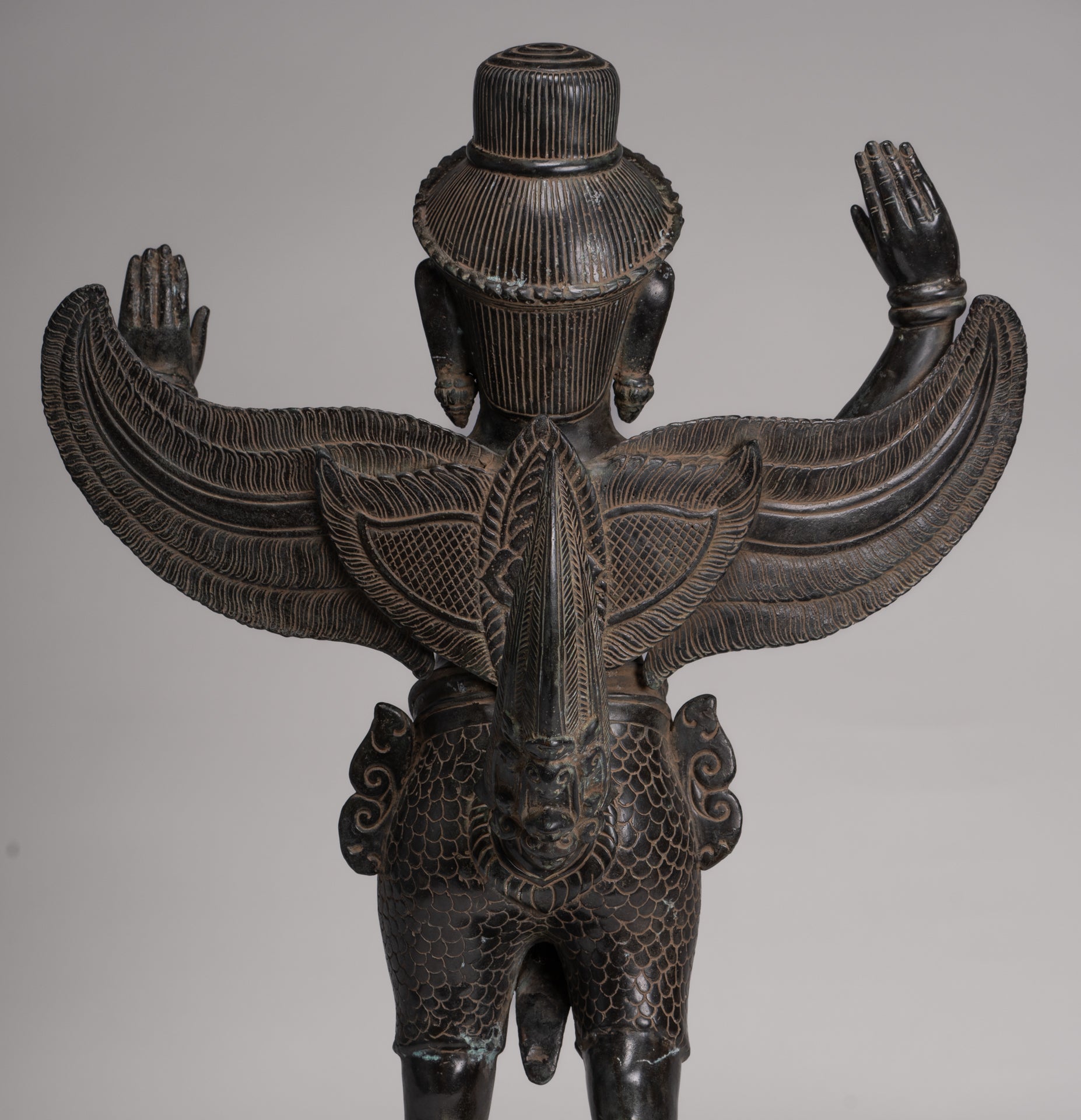 Antique Banteay Srei Style Seated Bronze Khmer Vishnu Garuda Statue - 71cm/28"