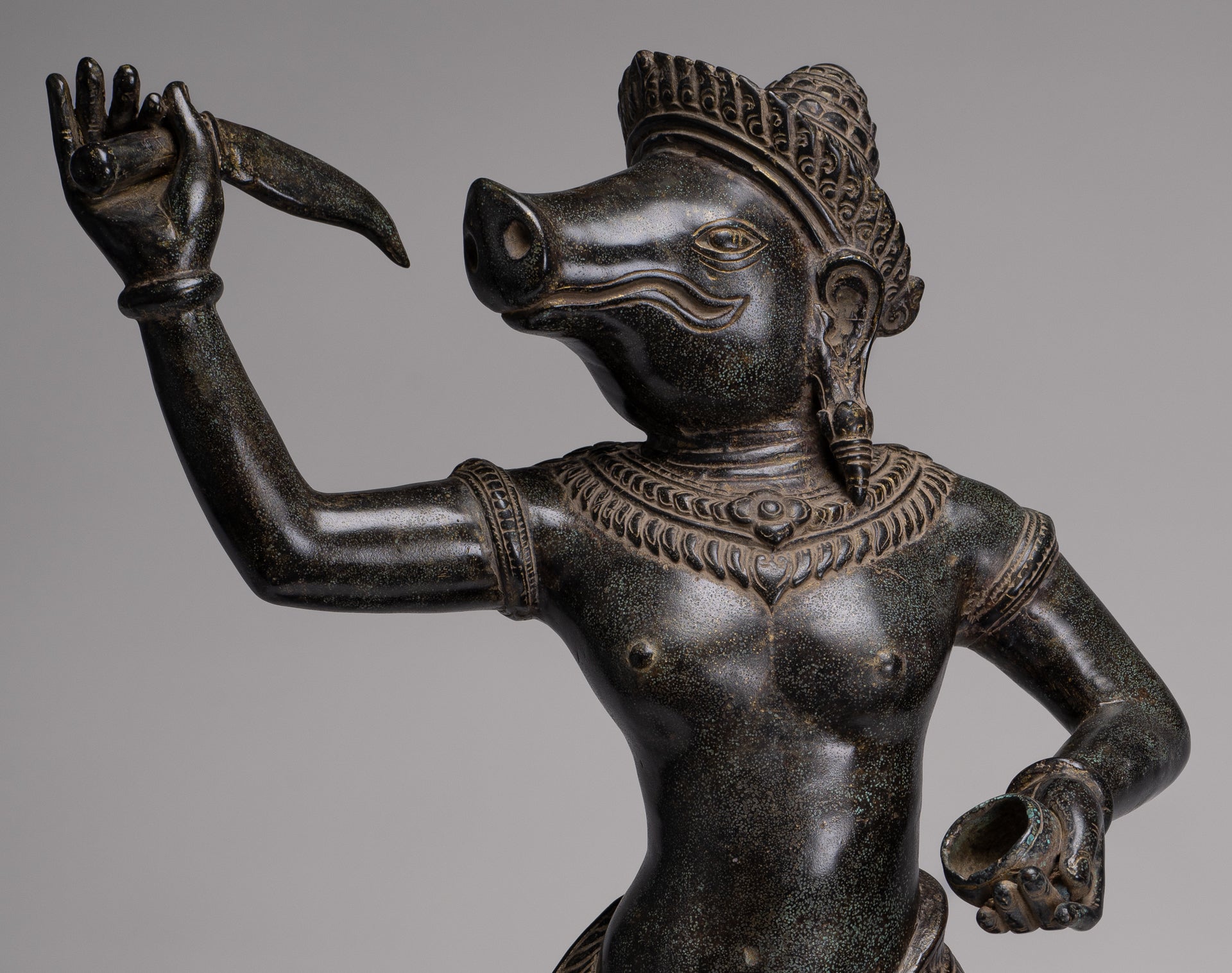 Varaha Statue - Antique Khmer Style Standing Bronze Varaha Boar Avatar of Vishnu - 62cm/25"