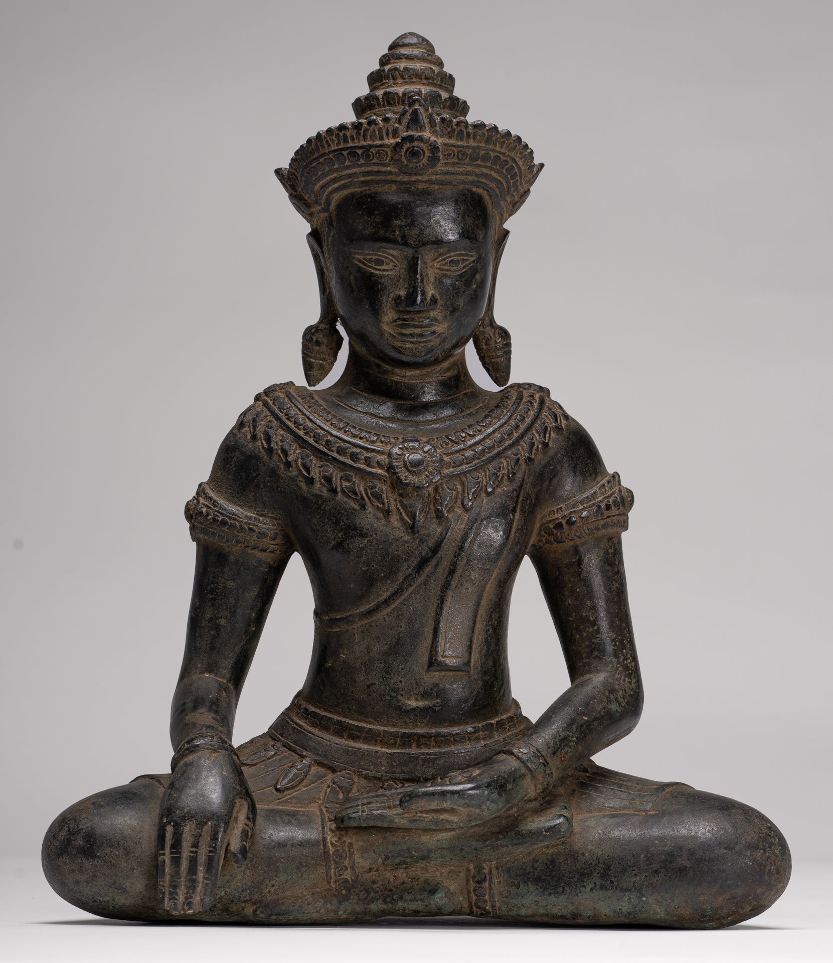 Buddha Statue - Antique Khmer Style Bronze Enlightenment Bayon Buddha Statue - 37cm/15"