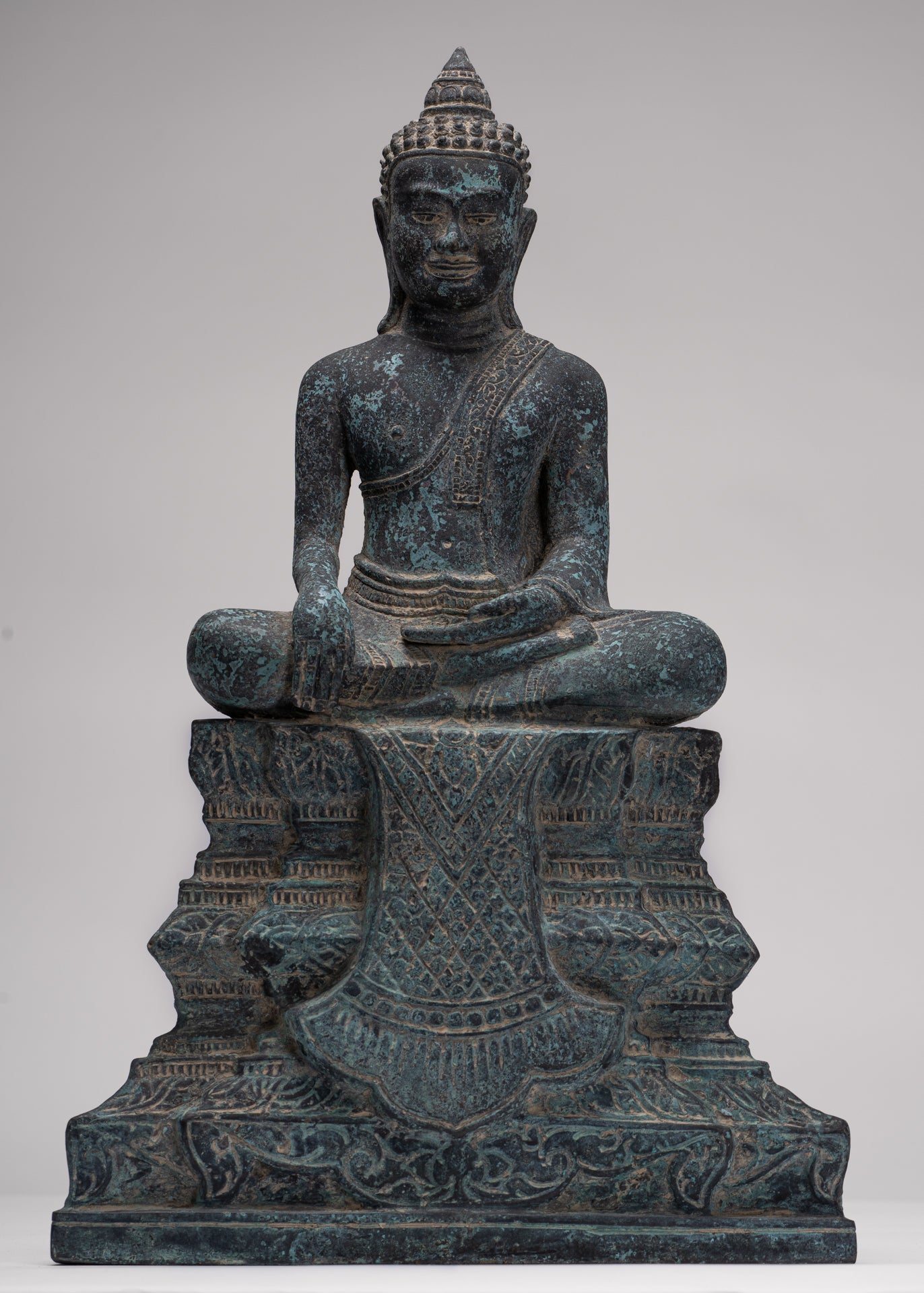 Buddha Statue - Antique Khmer Style Bronze Enthroned Enlightenment Buddha Statue - 48cm/19"