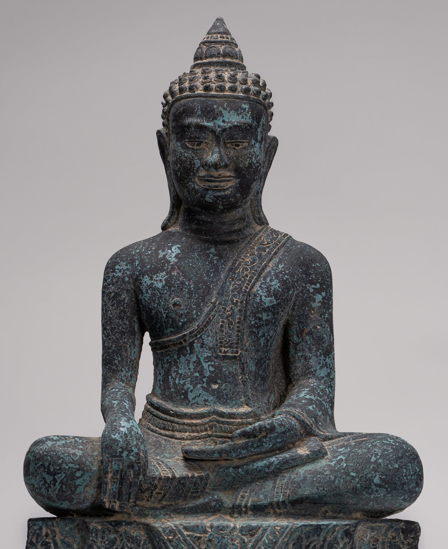 Buddha Statue - Antique Khmer Style Bronze Enthroned Enlightenment Buddha Statue - 48cm/19"