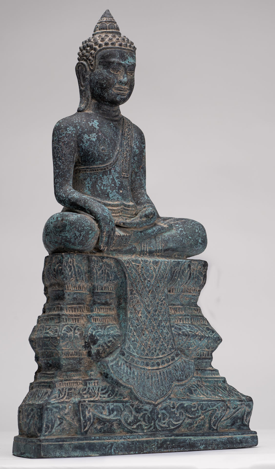 Buddha Statue - Antique Khmer Style Bronze Enthroned Enlightenment Buddha Statue - 48cm/19"
