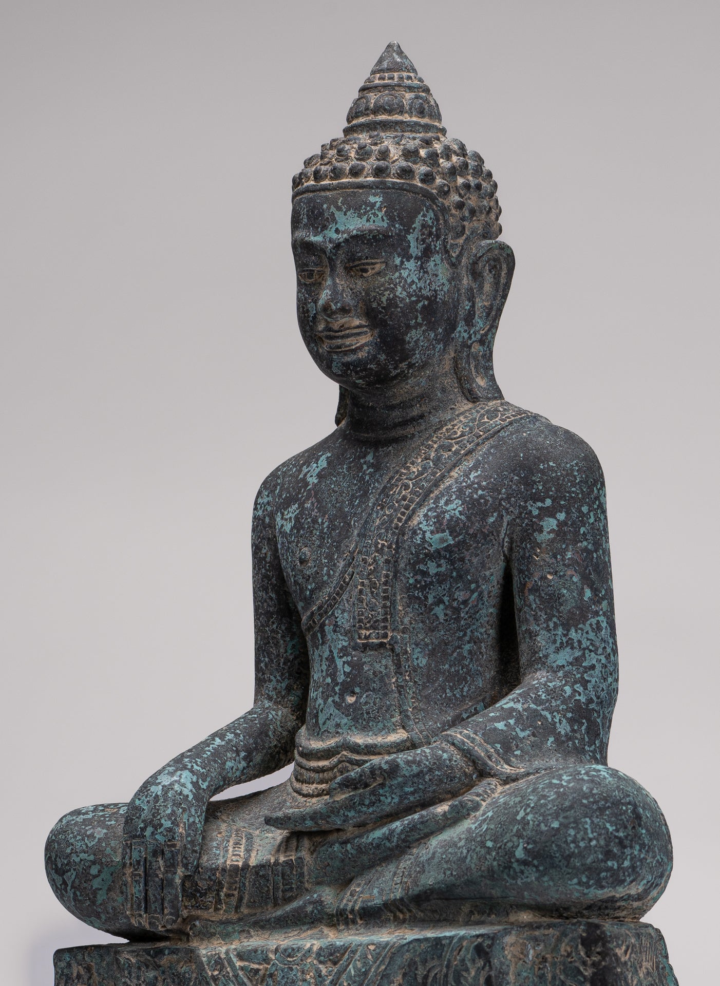 Buddha Statue - Antique Khmer Style Bronze Enthroned Enlightenment Buddha Statue - 48cm/19"