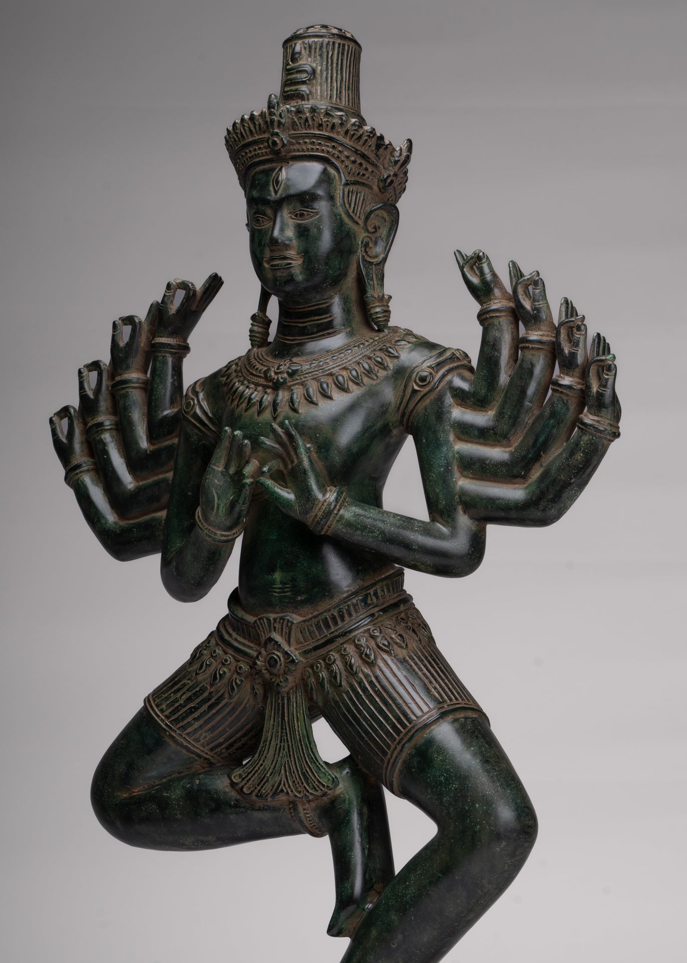 Antique Khmer Style Bronze Angkor Wat Ardhaparyanka Shiva - 10 Arms - 70cm/28"