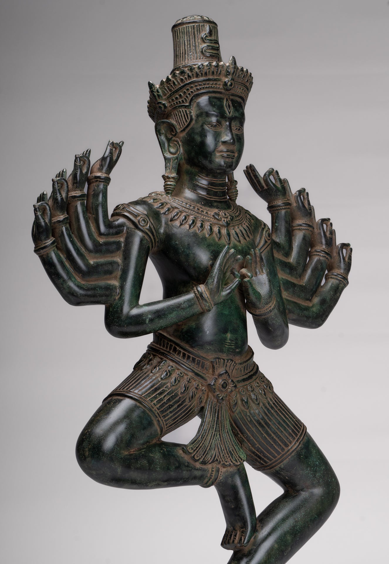 Antique Khmer Style Bronze Angkor Wat Ardhaparyanka Shiva - 10 Arms - 70cm/28"