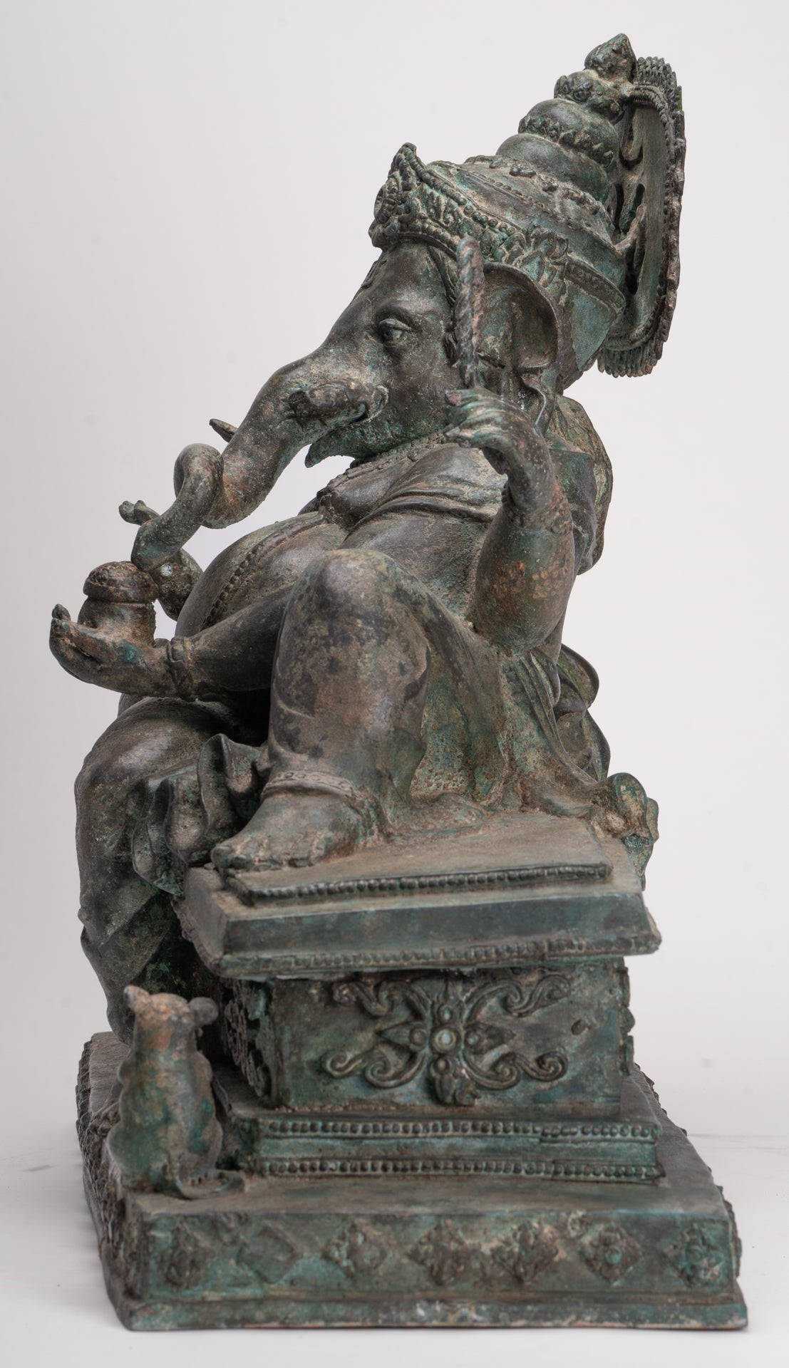 Ganesh - Antique Thai Style Bronze Reclining Ganesha Statue w/Mouse - 41cm/16"