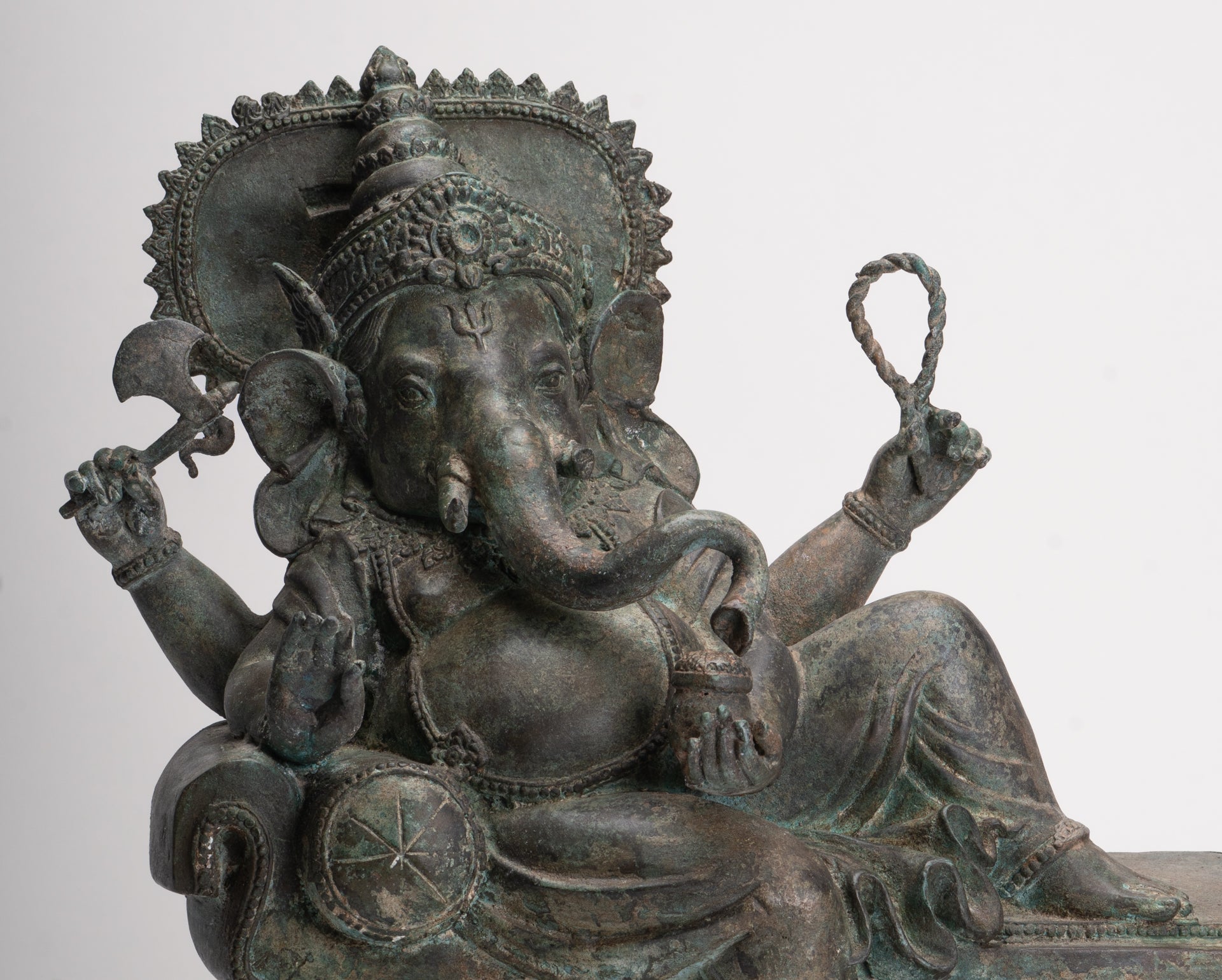 Ganesh - Antique Thai Style Bronze Reclining Ganesha Statue w/Mouse - 41cm/16"