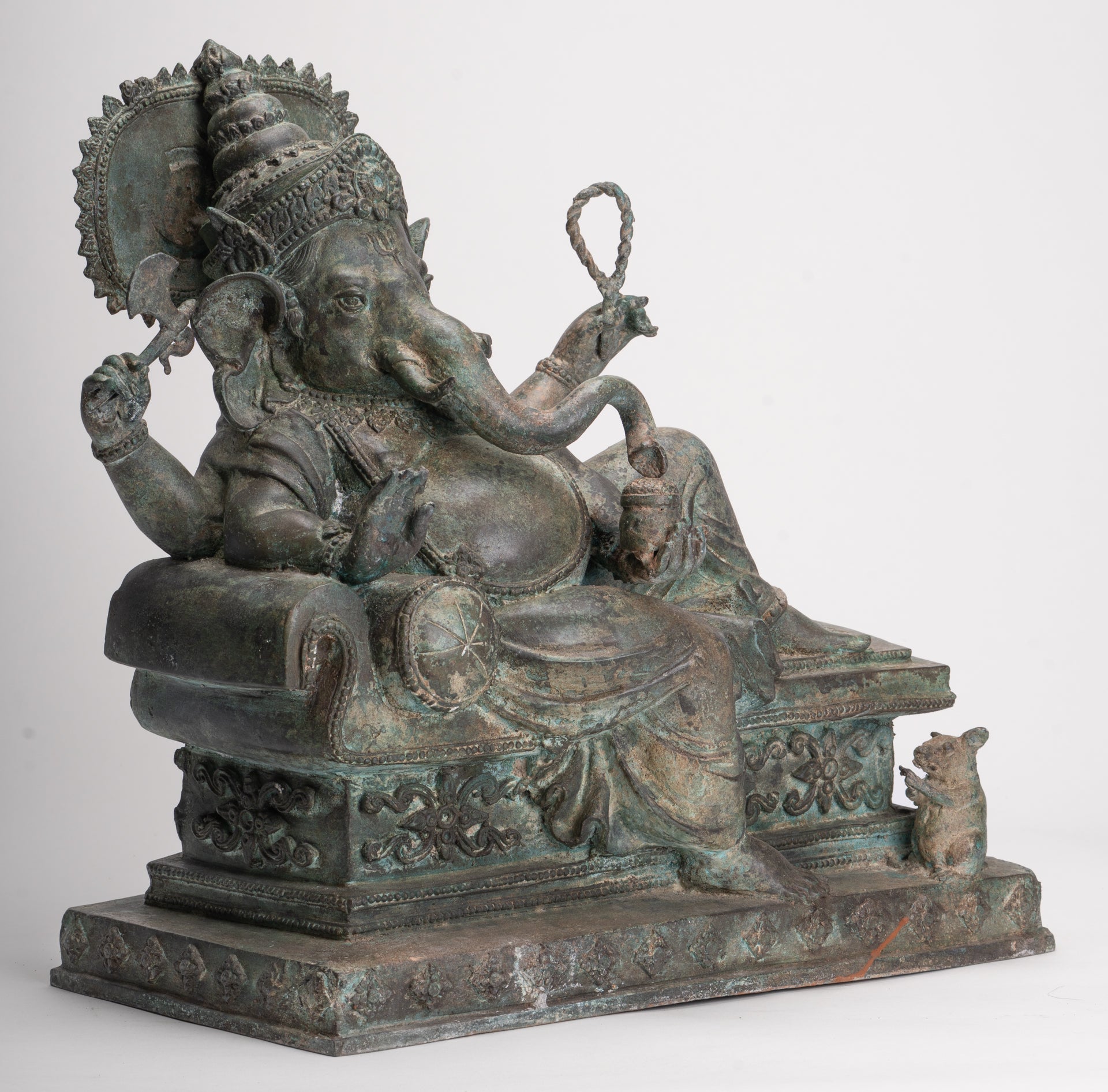 Ganesh - Antique Thai Style Bronze Reclining Ganesha Statue w/Mouse - 41cm/16"