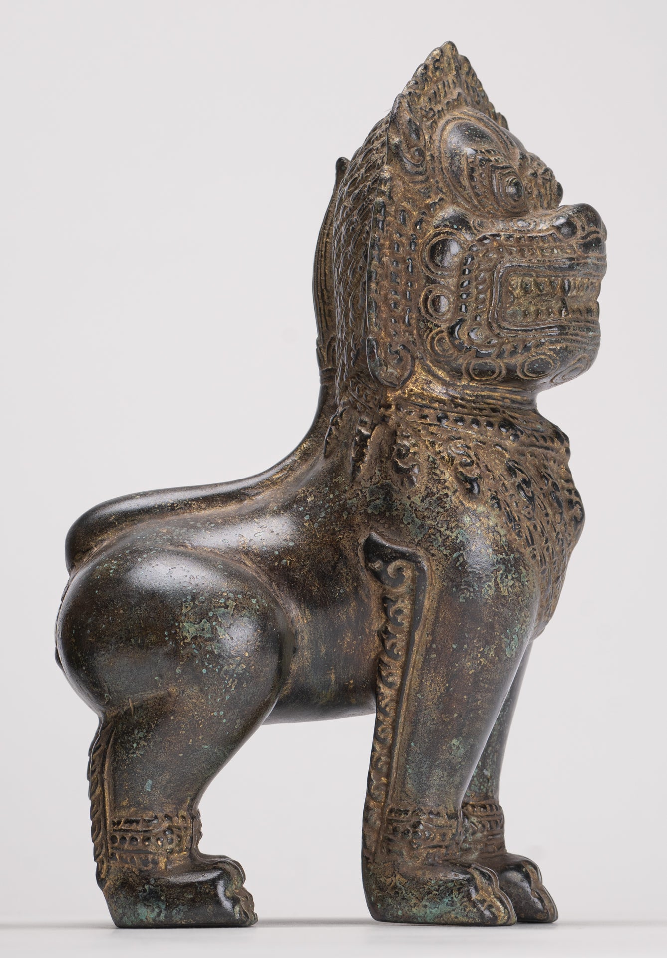 Temple Lions - Antique Khmer Style Bronze Standing Temple Guardian or Lions (Pair) - 22cm/9"