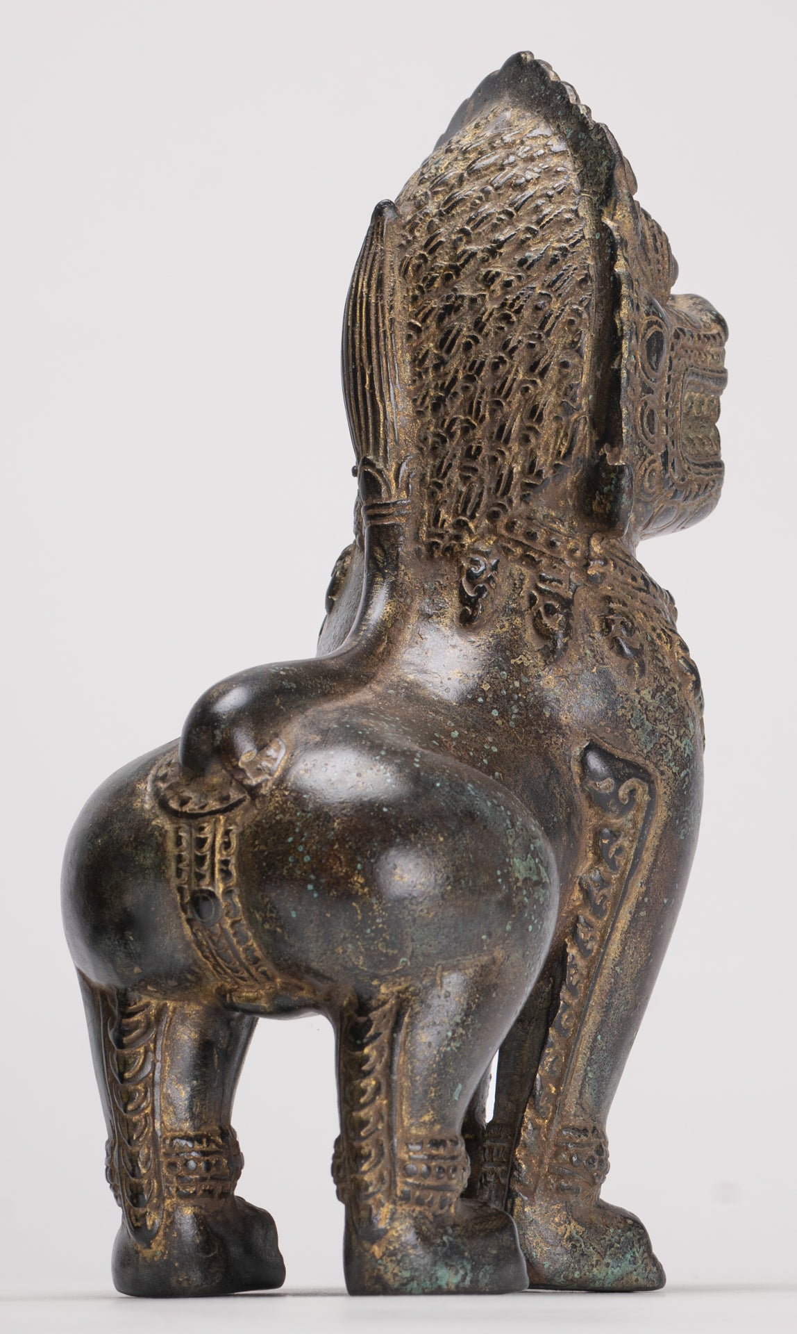 Temple Lions - Antique Khmer Style Bronze Standing Temple Guardian or Lions (Pair) - 22cm/9"