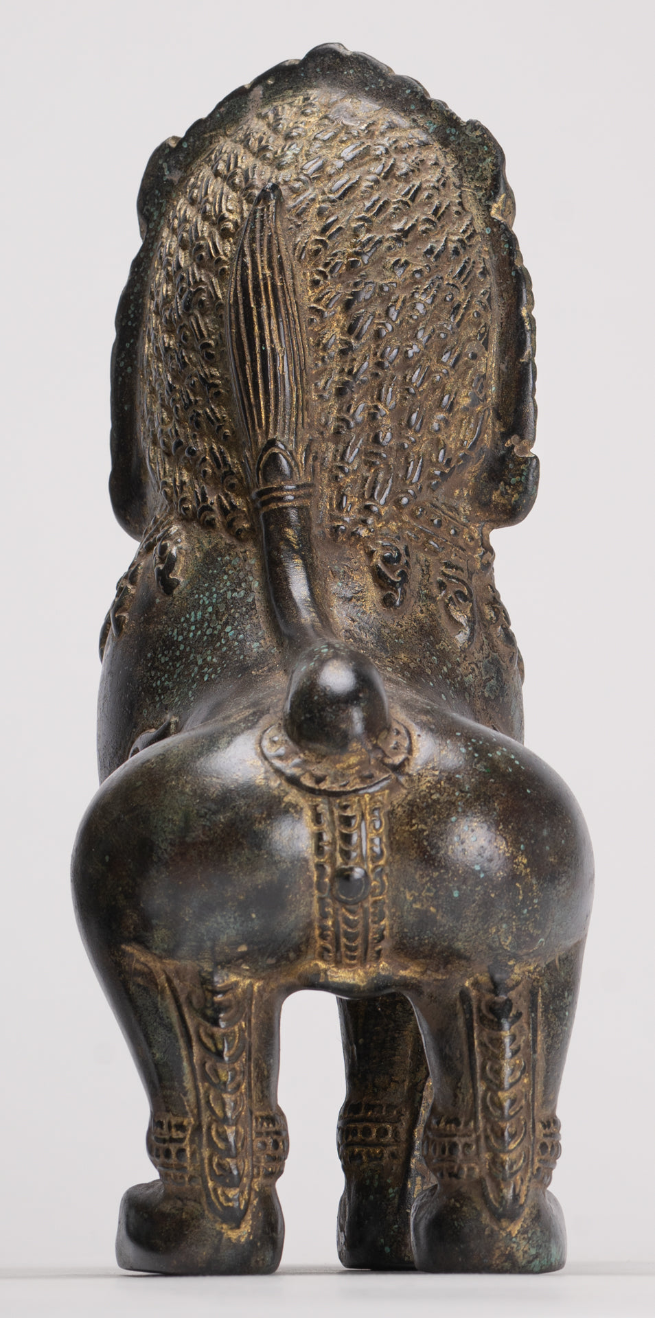 Temple Lions - Antique Khmer Style Bronze Standing Temple Guardian or Lions (Pair) - 22cm/9"