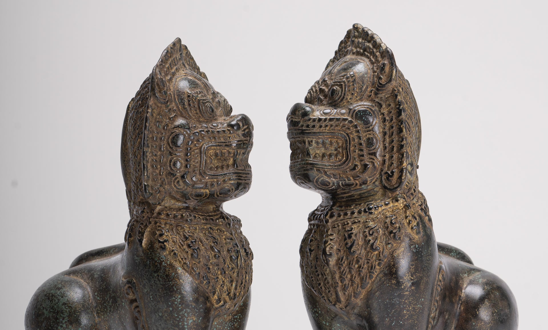 Temple Lions - Antique Khmer Style Bronze Standing Temple Guardian or Lions (Pair) - 22cm/9"