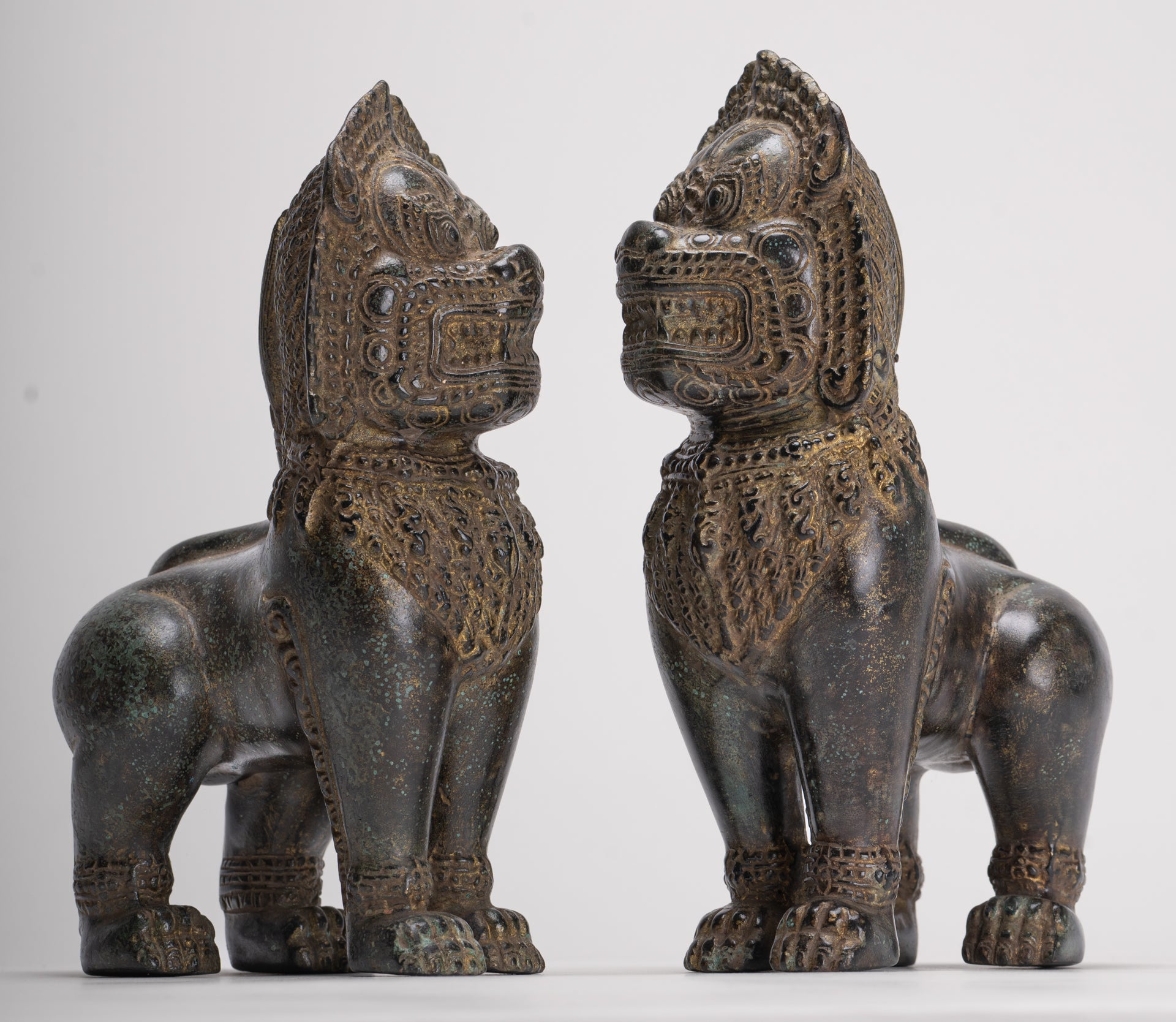 Temple Lions - Antique Khmer Style Bronze Standing Temple Guardian or Lions (Pair) - 22cm/9"