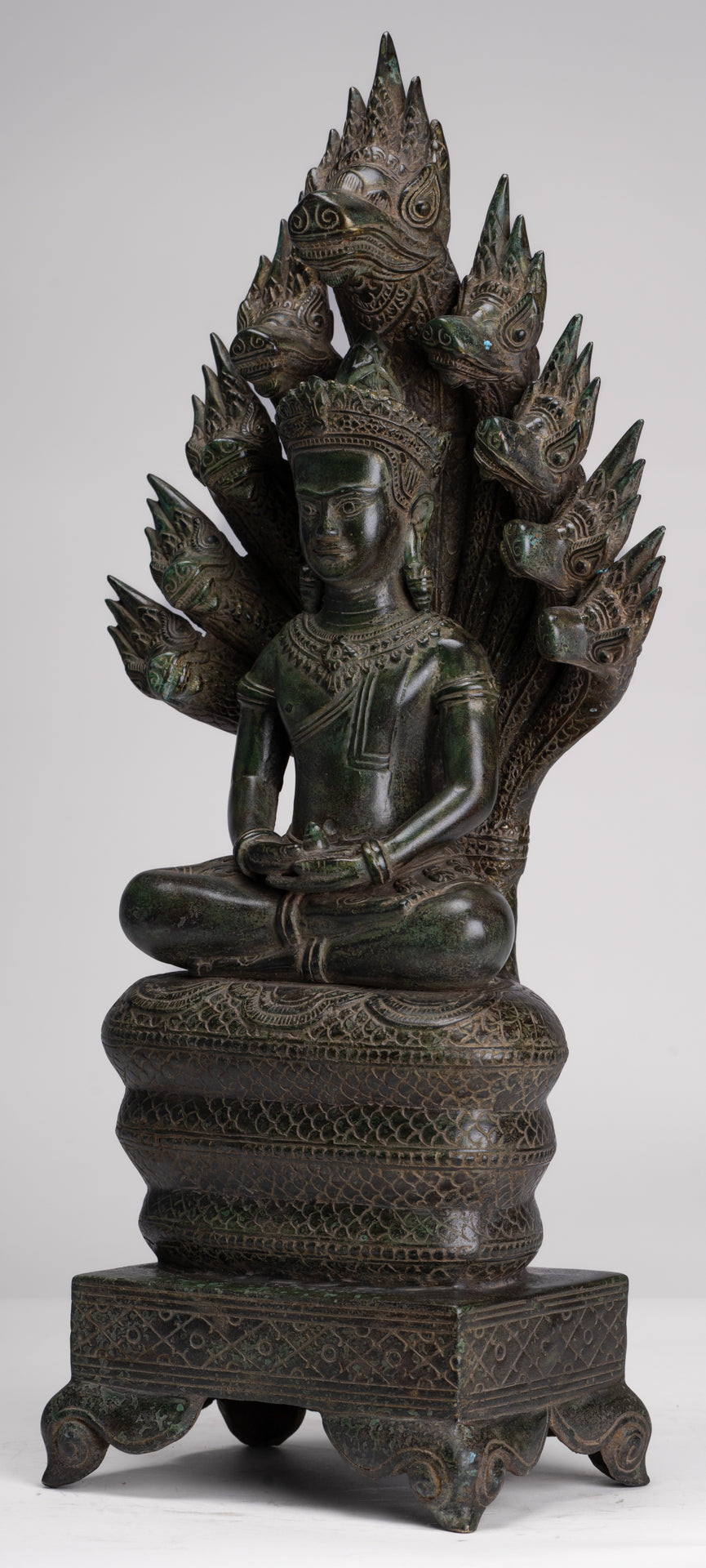 Large Buddha Statue - Antique Bayon Style Khmer Seated Bronze Naga Meditation Buddha - 53cm/21"