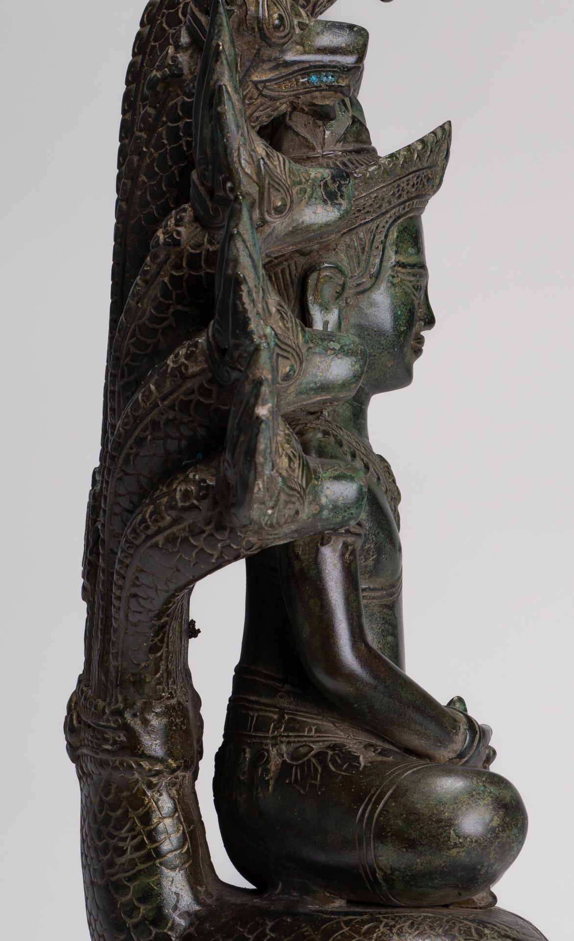 Large Buddha Statue - Antique Bayon Style Khmer Seated Bronze Naga Meditation Buddha - 53cm/21"