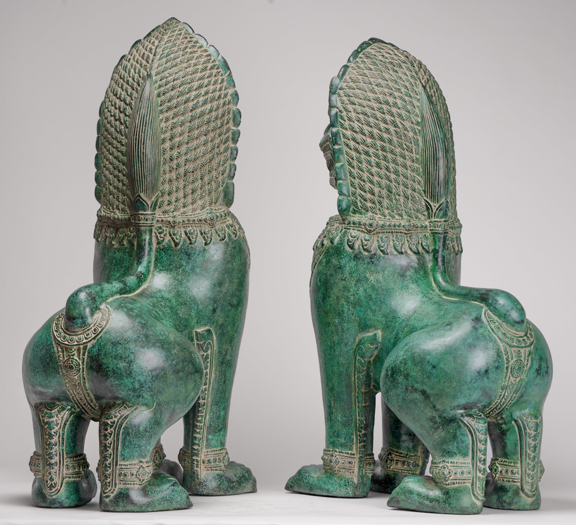 Temple Lions - Antique Khmer Style Bronze Temple Guardians or Lions (Pair) - 72cm/29"