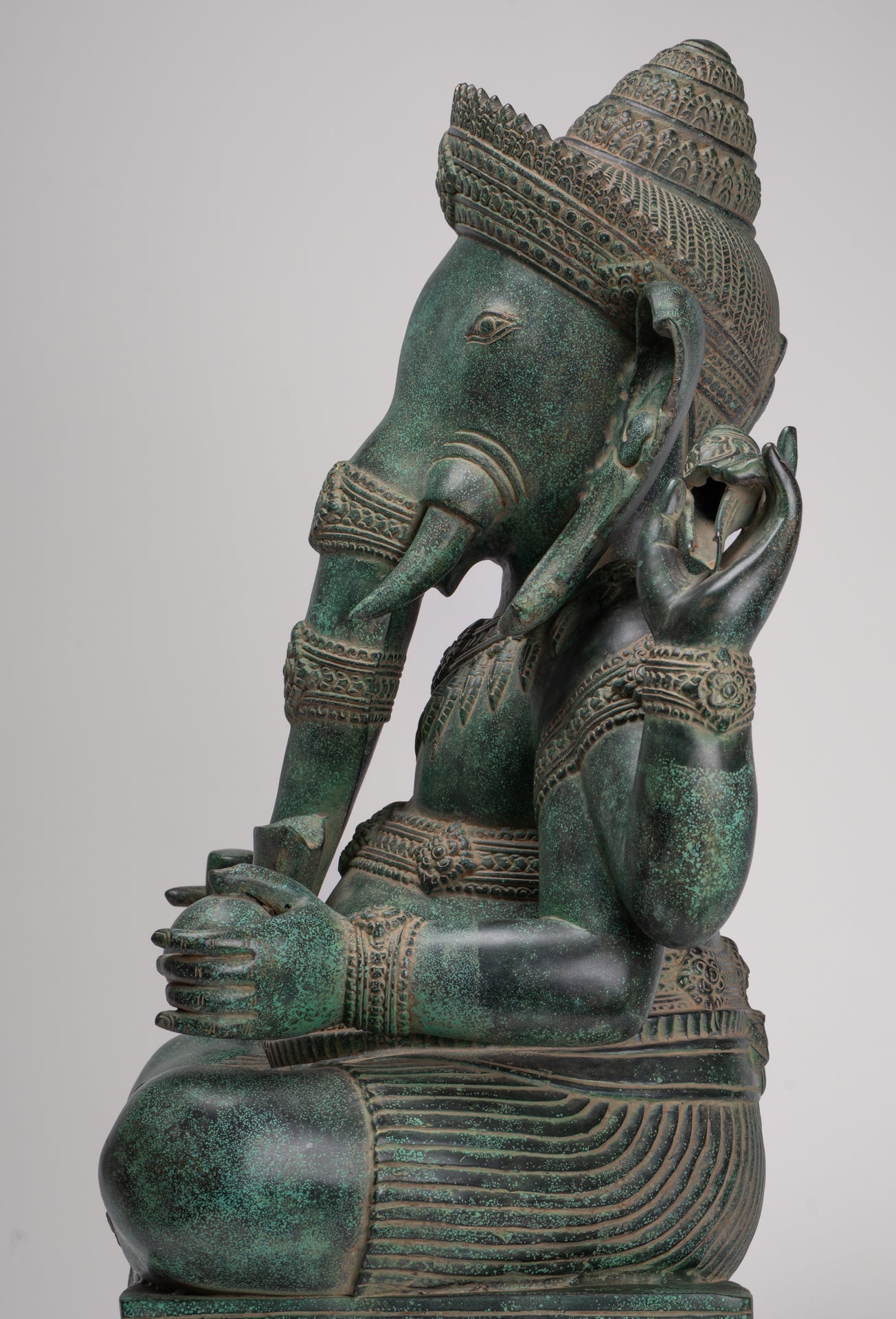 Large Ganesha Statue - Antique Khmer Style Angkor Wat Bronze Seated Four Arm Ganesh Statue - 74cm/30"