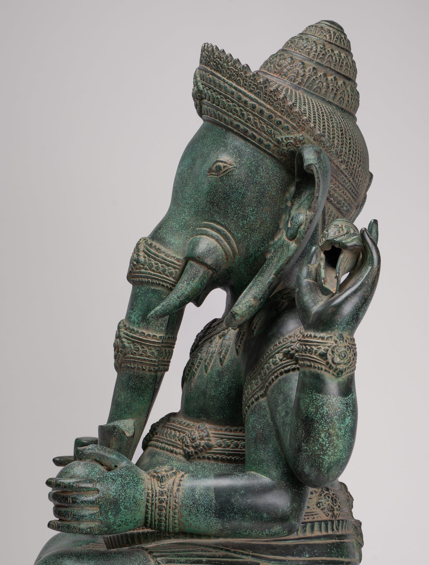 Large Ganesha Statue - Antique Khmer Style Angkor Wat Bronze Seated Four Arm Ganesh Statue - 74cm/30"