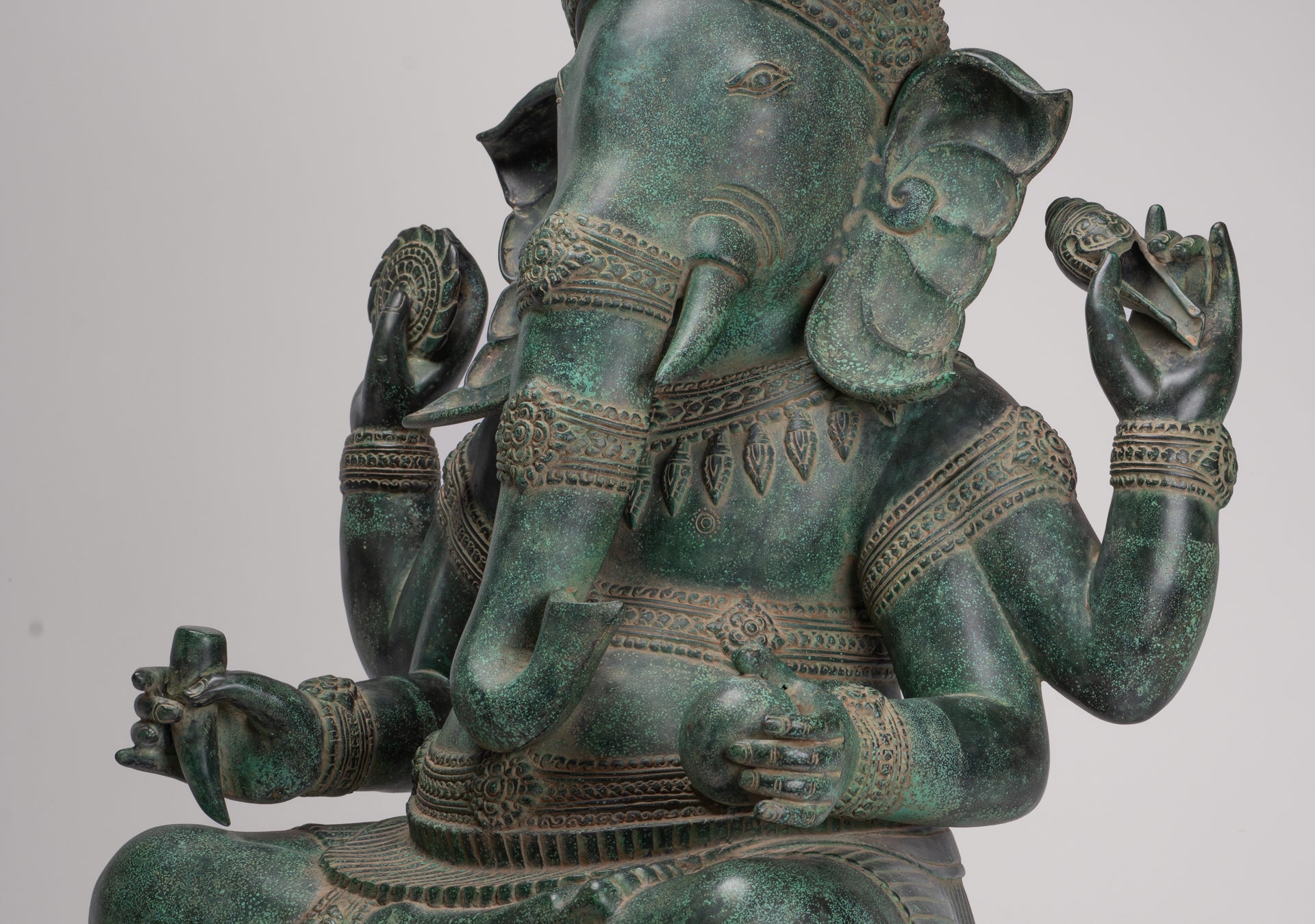 Large Ganesha Statue - Antique Khmer Style Angkor Wat Bronze Seated Four Arm Ganesh Statue - 74cm/30"