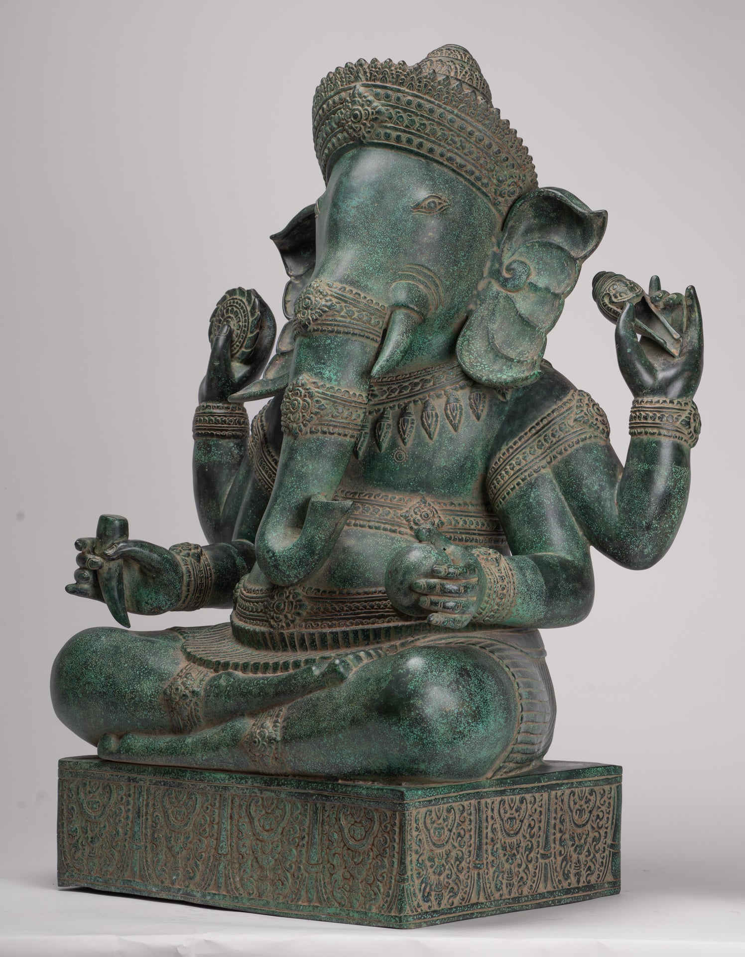 Large Ganesha Statue - Antique Khmer Style Angkor Wat Bronze Seated Four Arm Ganesh Statue - 74cm/30"
