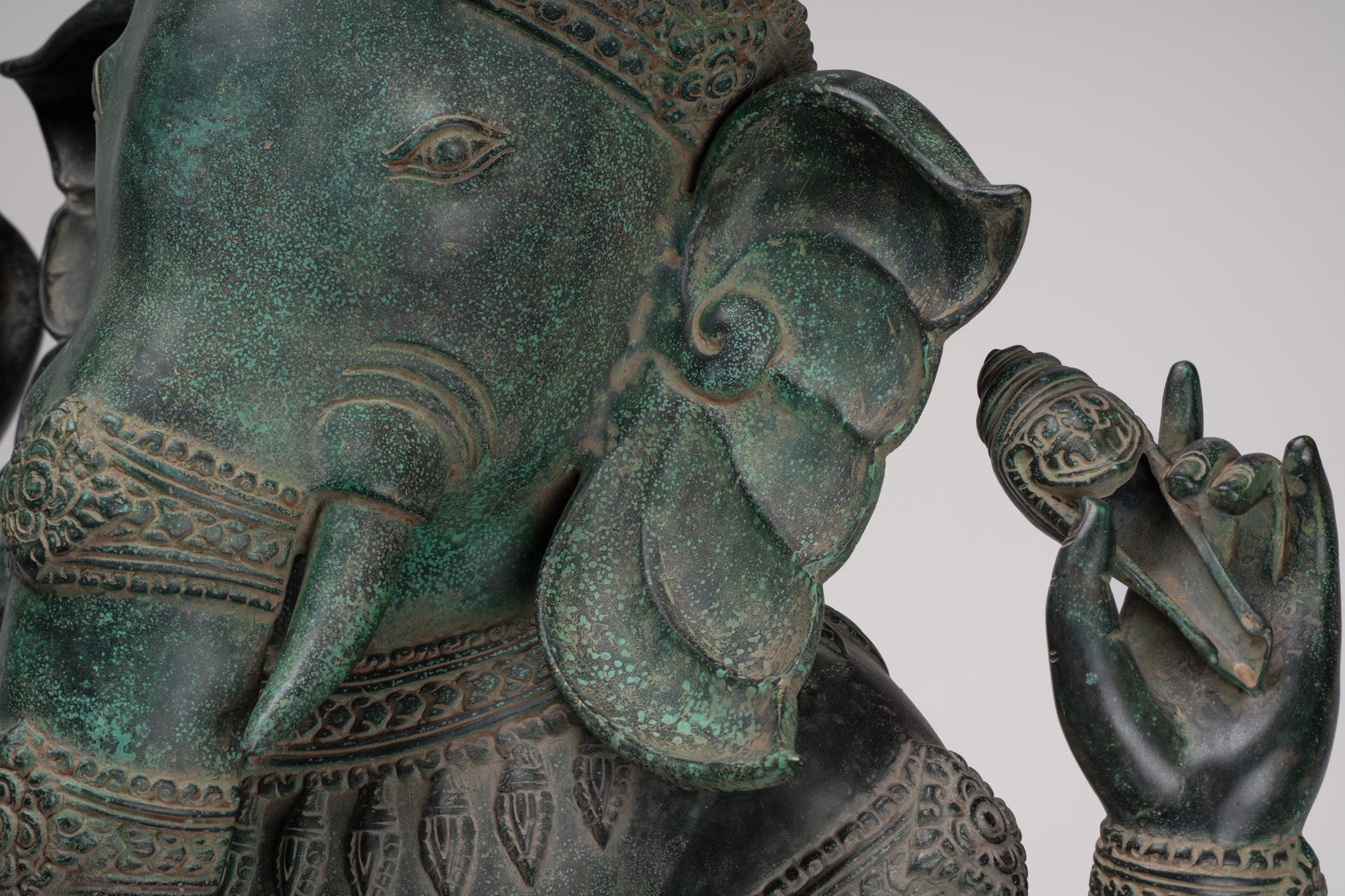 Large Ganesha Statue - Antique Khmer Style Angkor Wat Bronze Seated Four Arm Ganesh Statue - 74cm/30"