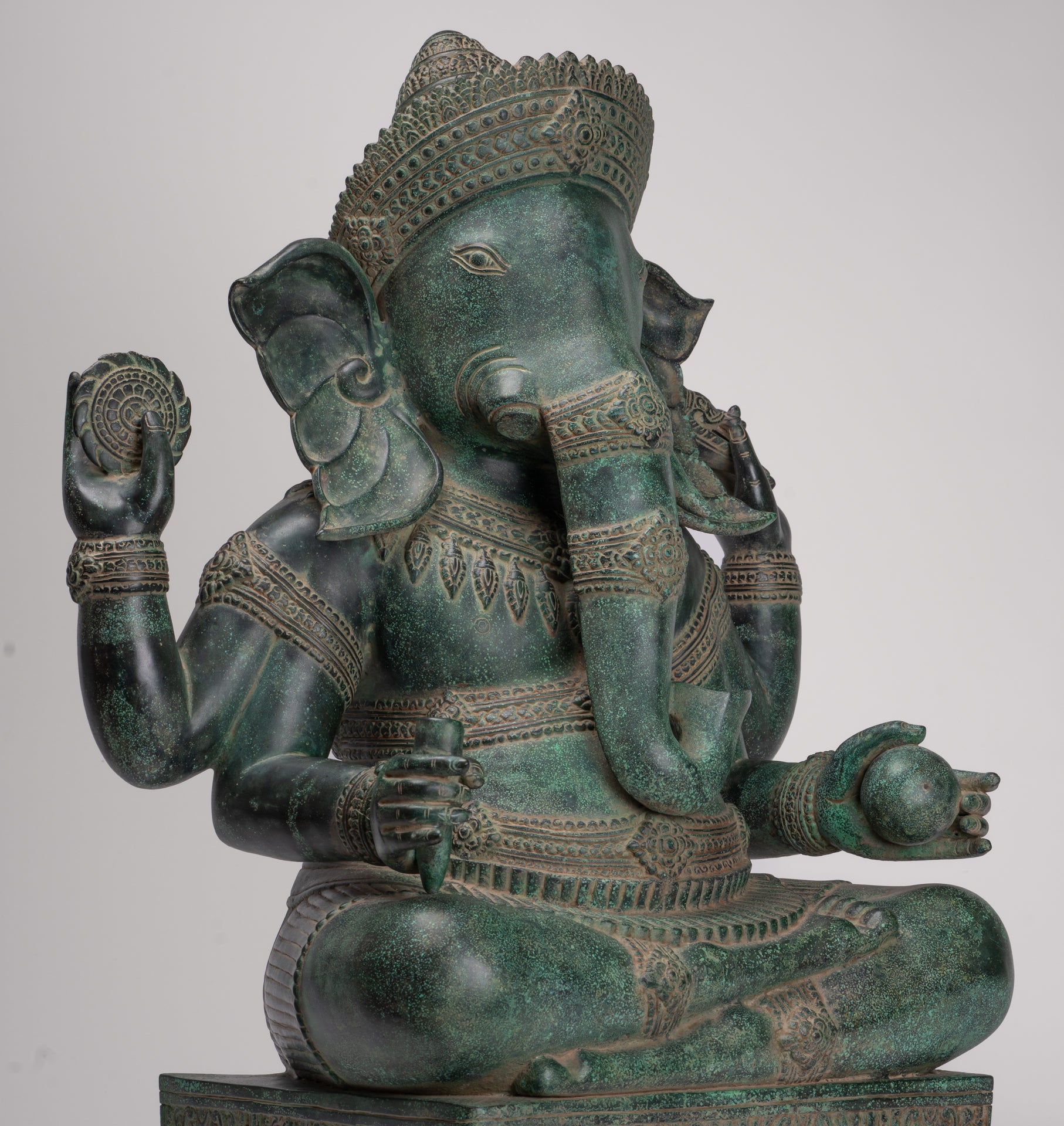 Large Ganesha Statue - Antique Khmer Style Angkor Wat Bronze Seated Four Arm Ganesh Statue - 74cm/30"
