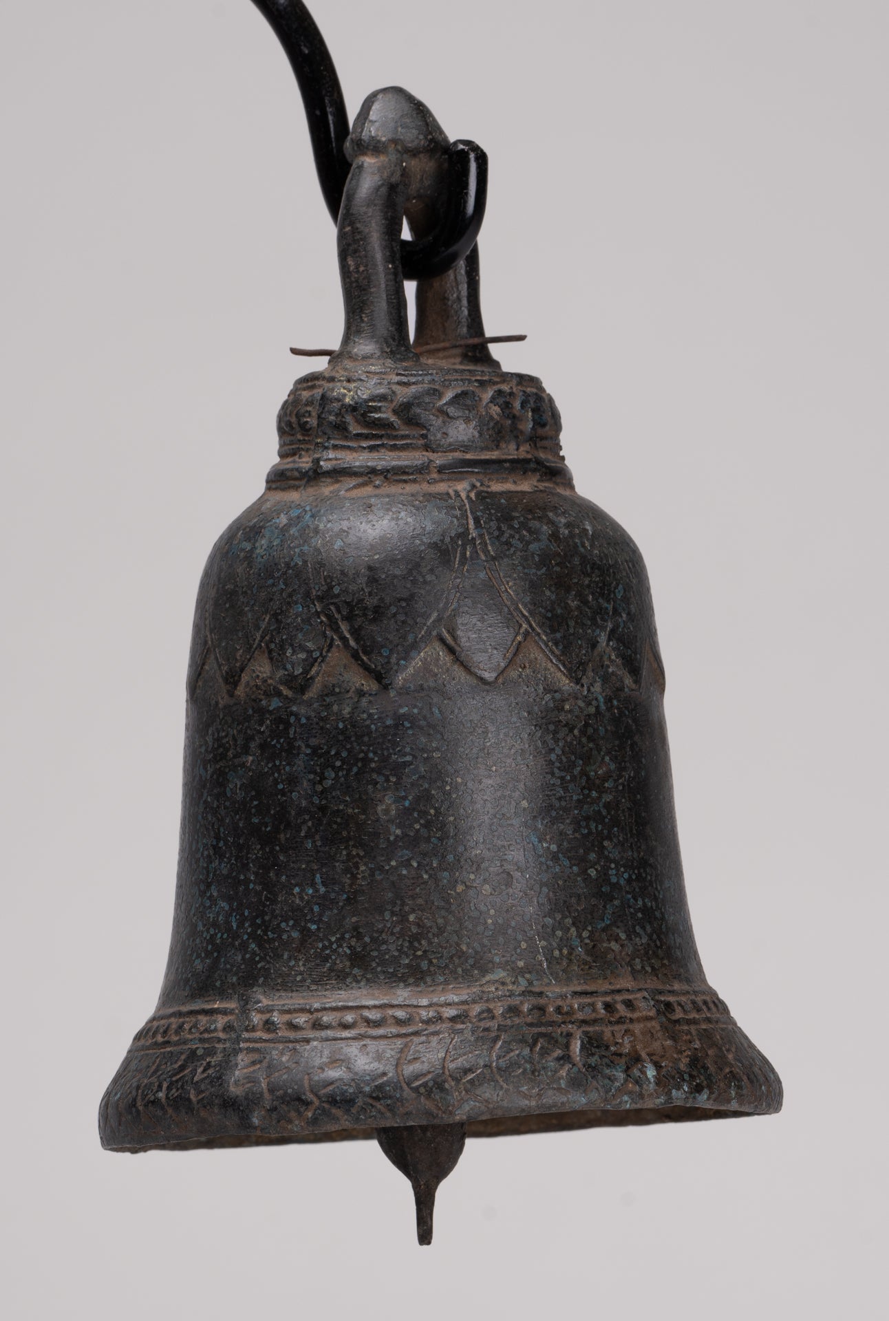 Antique Khmer Style Bronze Mounted Lotus Flower Bell - 29cm/12"