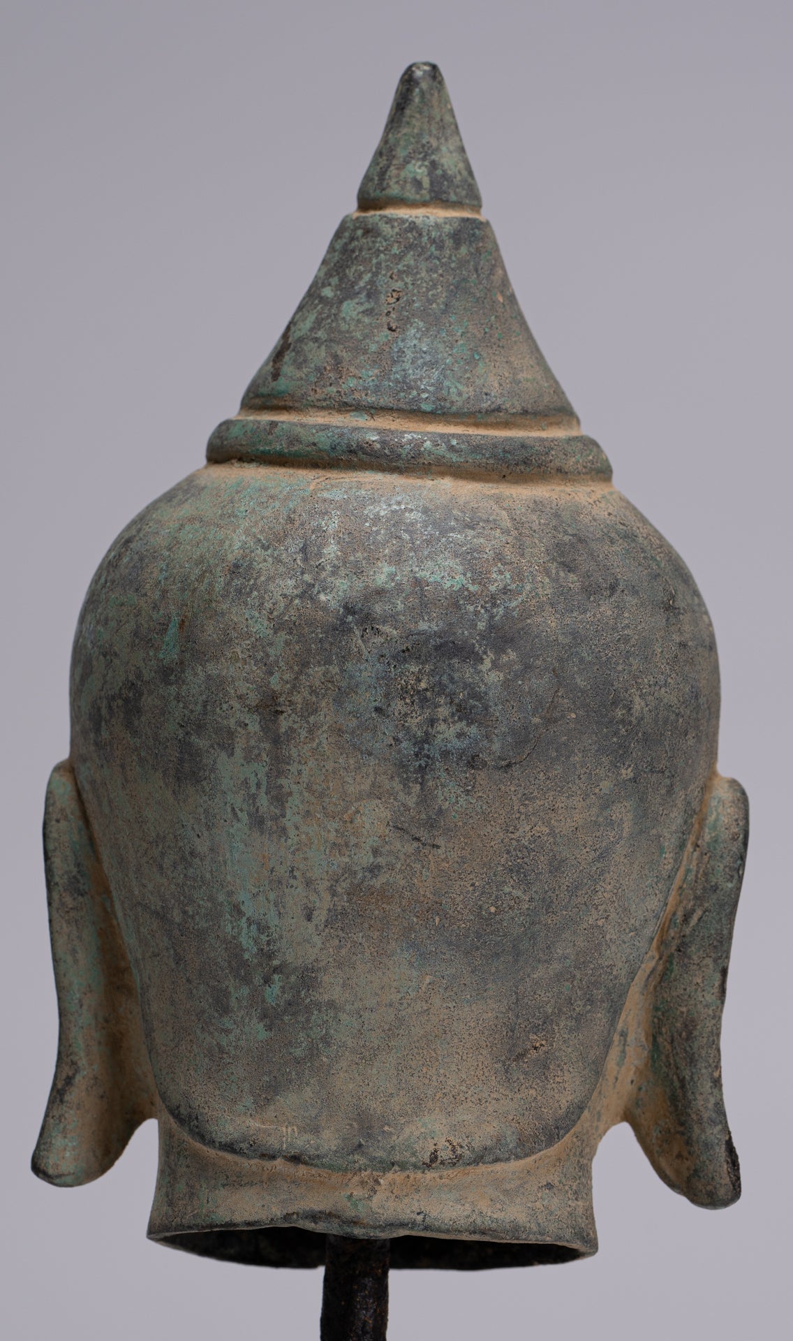 Buddha Statue - Antique Khmer Style Mounted Bronze Phnom Da Buddha Head Statue - 22cm/9"