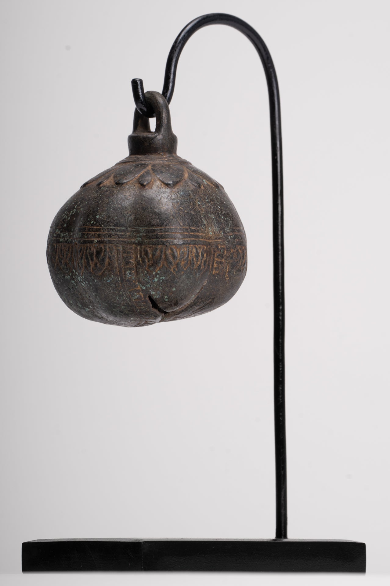 Antique Khmer Style Bronze Mounted Lotus Flower Bell - 32cm/13"